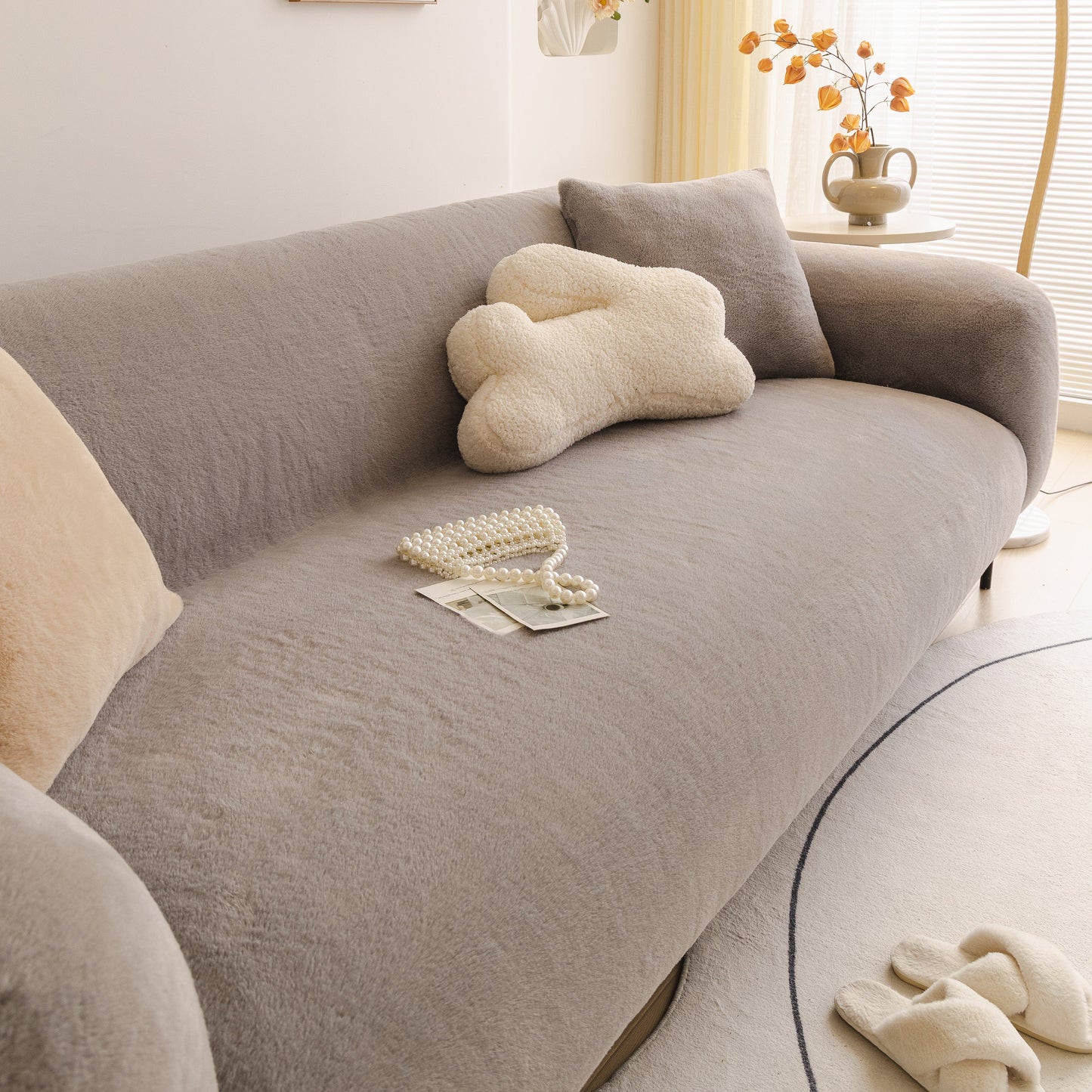 Soft Plush Warm Sofa Cover Stretchable Cozy Velvet Couch Protector for Fall & Winter on a stylish sofa