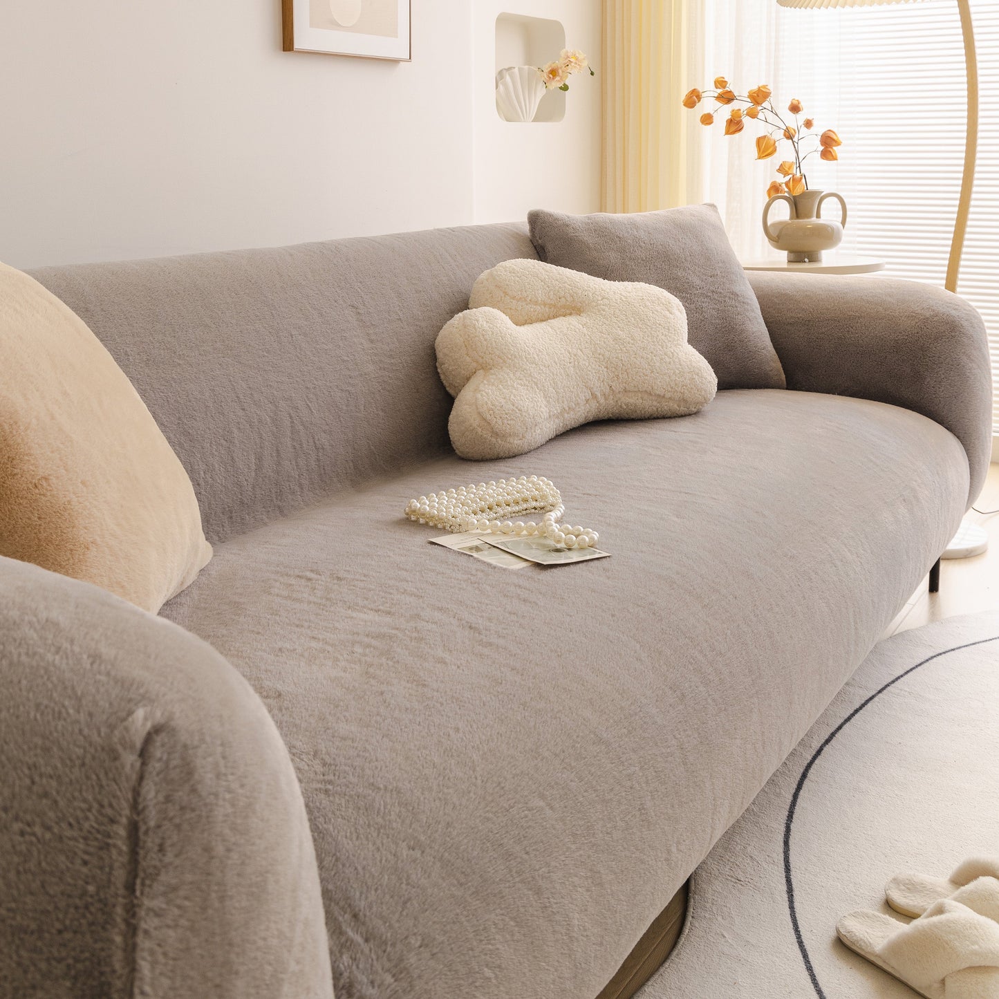 Soft Plush Warm Sofa Cover Stretchable Cozy Velvet Couch Protector for Fall & Winter on stylish grey sofa with pillows