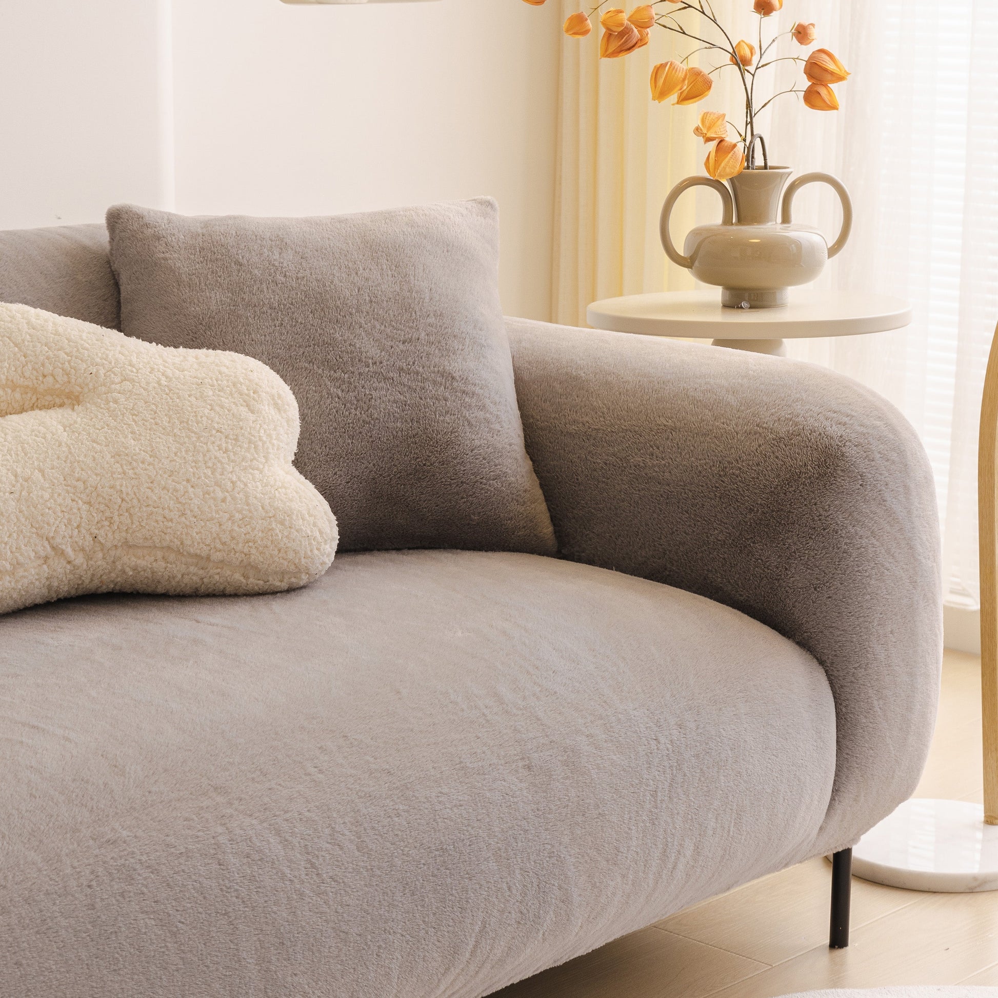 Soft Plush Warm Sofa Cover Stretchable Cozy Velvet Couch Protector for Fall & Winter displayed in a cozy living room setting