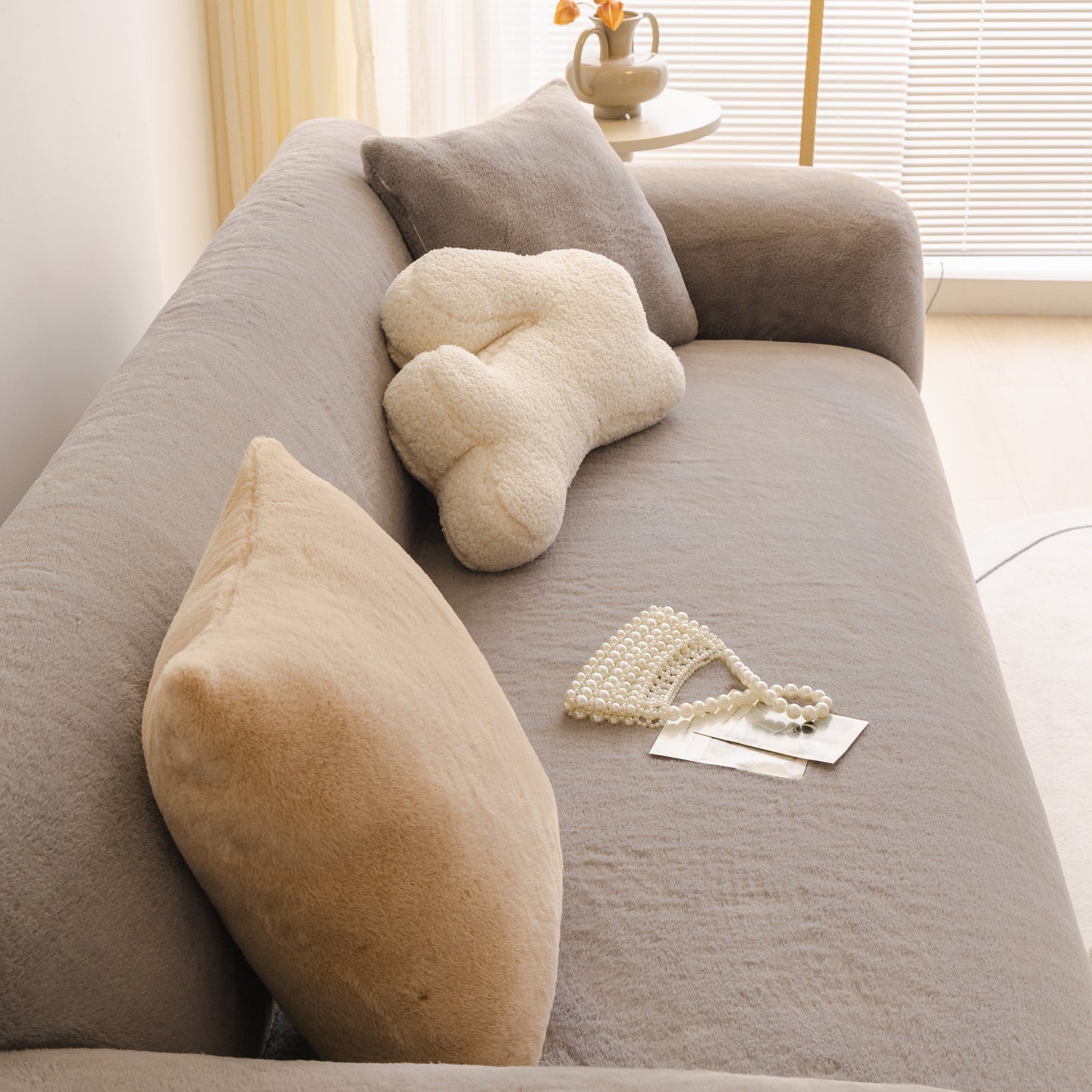 Soft Plush Warm Sofa Cover Stretchable Cozy Velvet Couch Protector for Fall & Winter on a stylish living room sofa