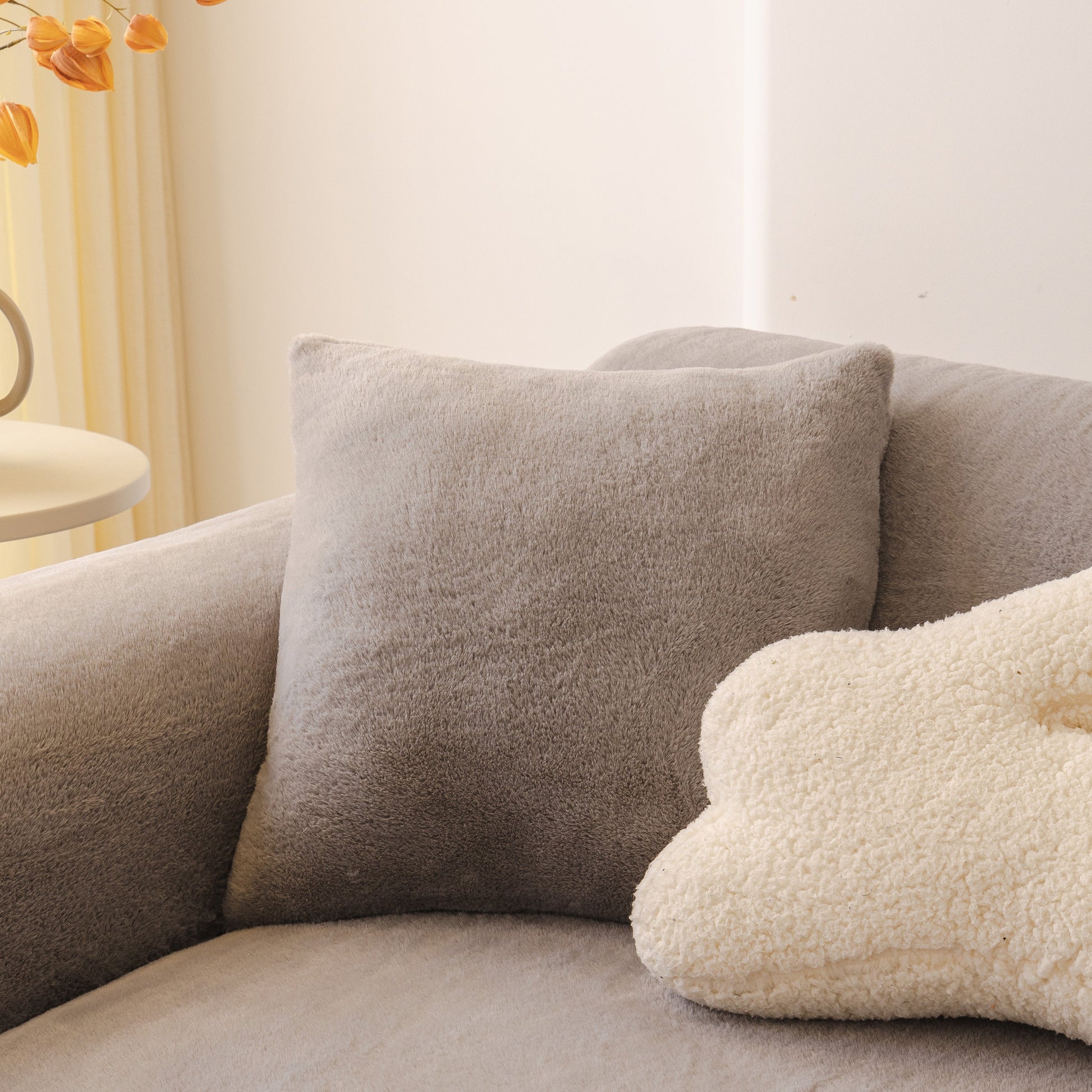 Soft Plush Warm Sofa Cover Stretchable Cozy Velvet Couch Protector for Fall & Winter in a modern living room setting.