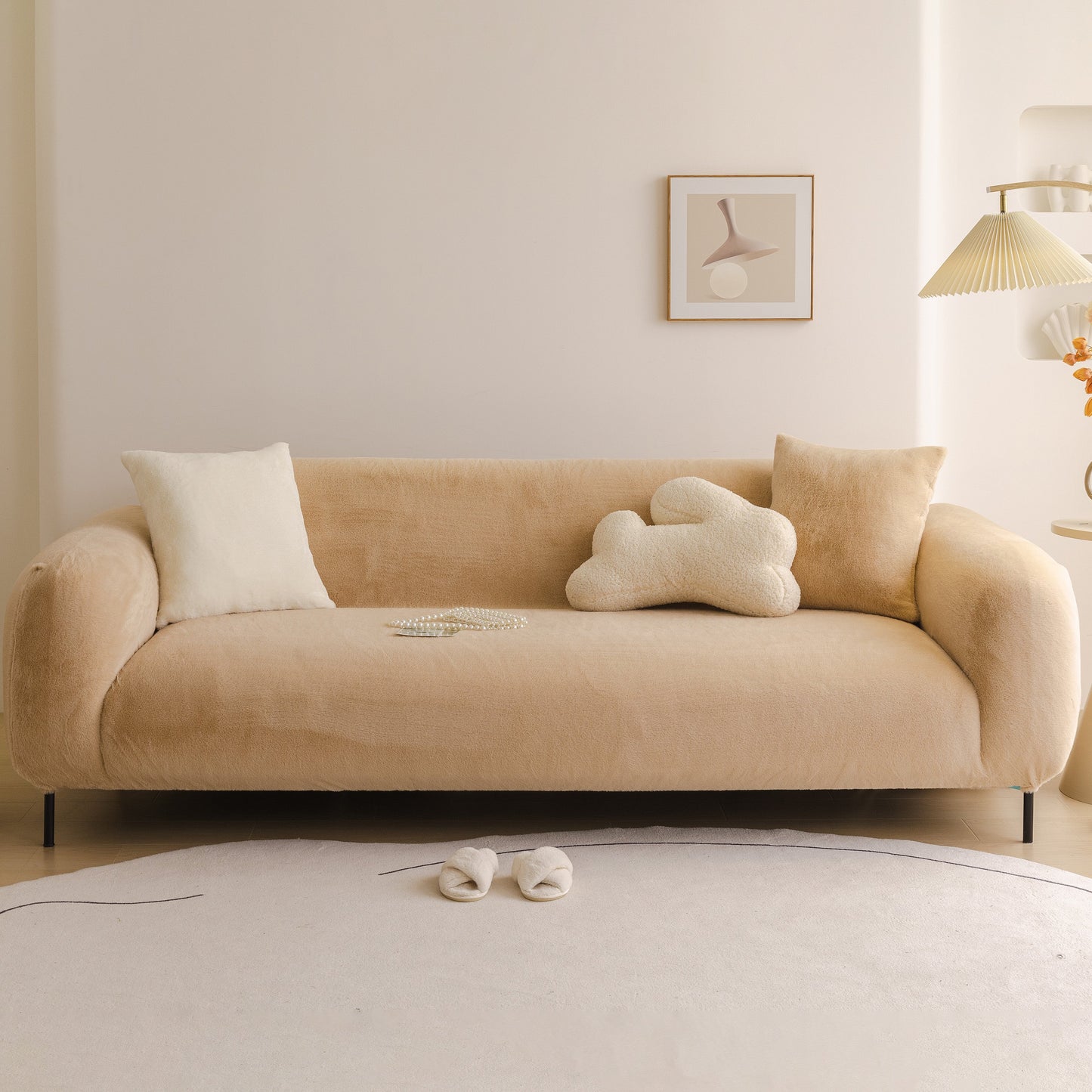 Soft Plush Warm Sofa Cover Stretchable Cozy Velvet Couch Protector for Fall & Winter on beige sofa