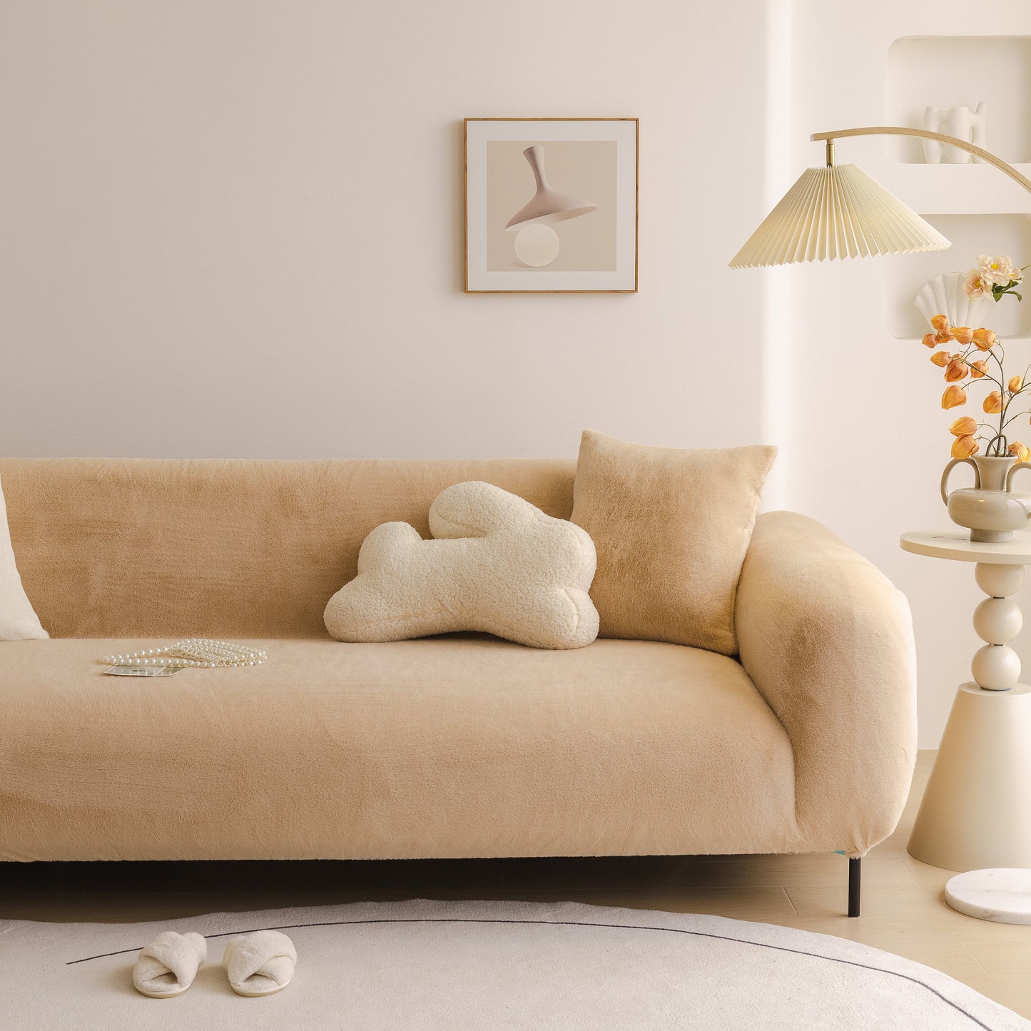 Soft Plush Warm Sofa Cover Stretchable Cozy Velvet Couch Protector for Fall & Winter displayed on a sofa in a cozy living room setting.