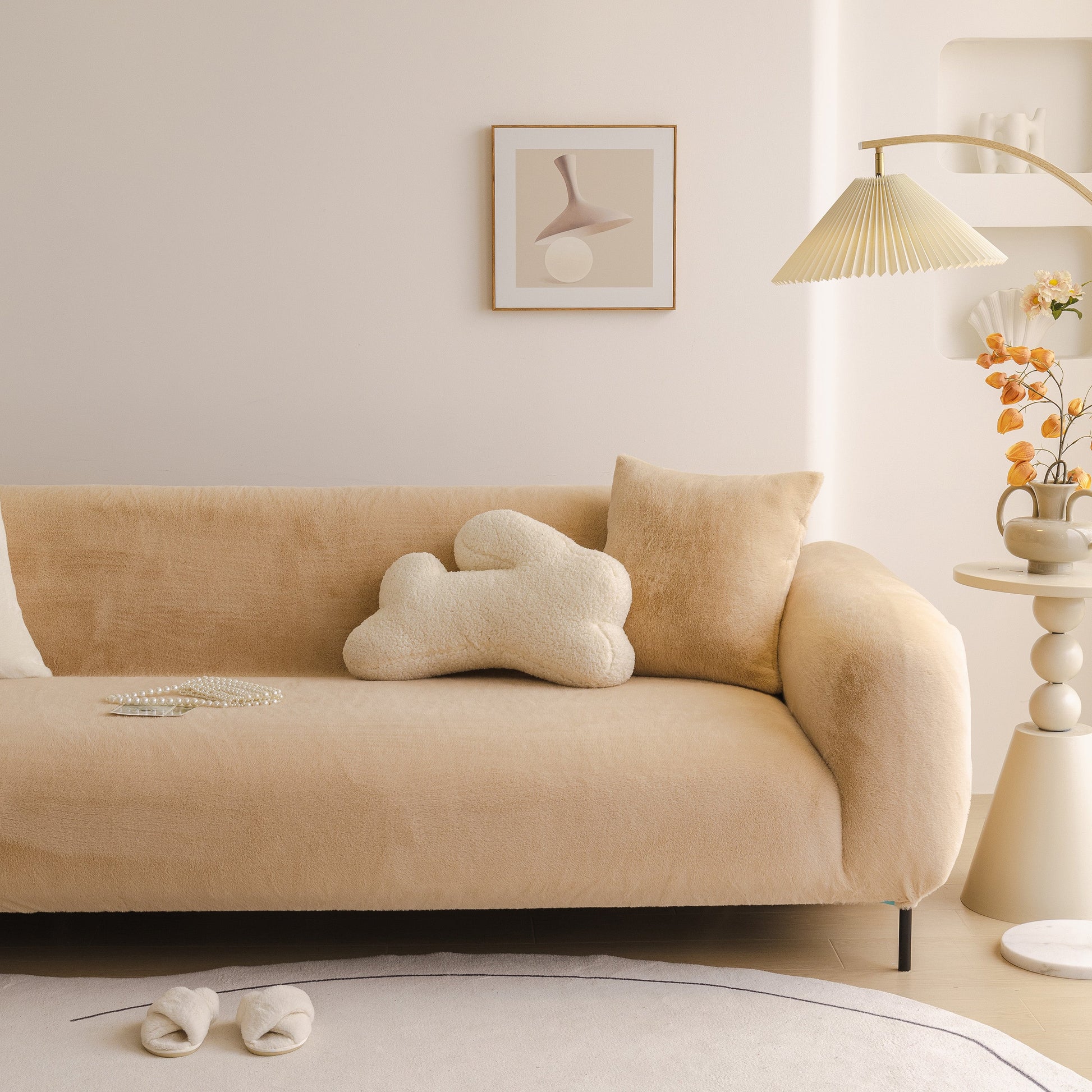 Soft Plush Warm Sofa Cover Stretchable Cozy Velvet Couch Protector for Fall & Winter displayed on a sofa in a cozy living room setting.