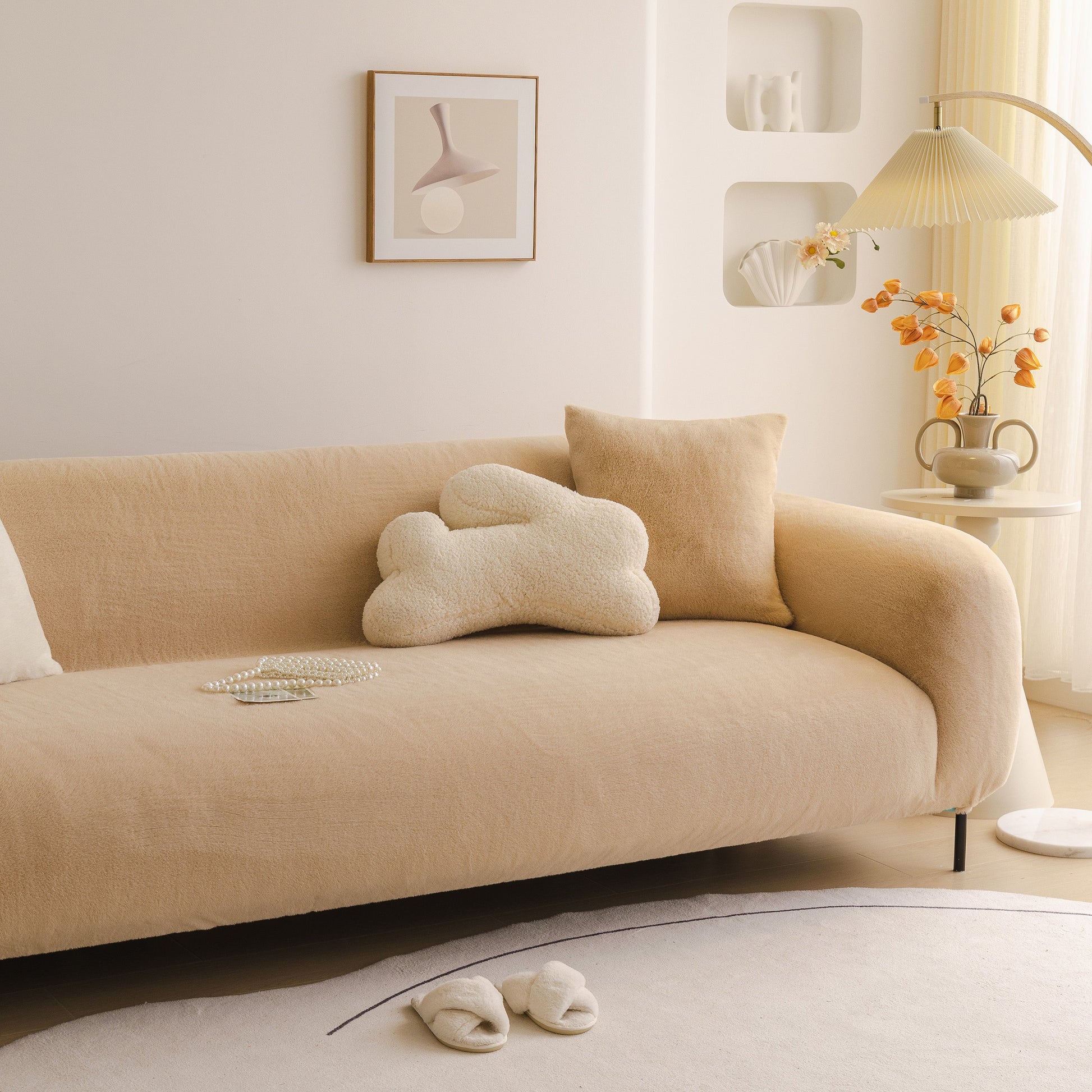 Soft Plush Warm Sofa Cover Stretchable Cozy Velvet Couch Protector for Fall & Winter on beige modern sofa with pillows.