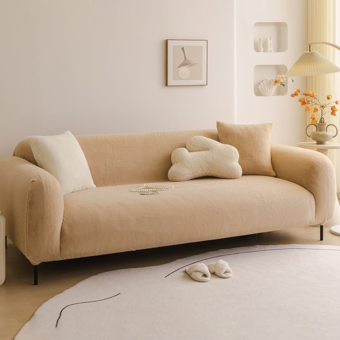 Soft Plush Warm Sofa Cover Stretchable Cozy Velvet Couch Protector for Fall & Winter on a beige sofa in a modern living room.