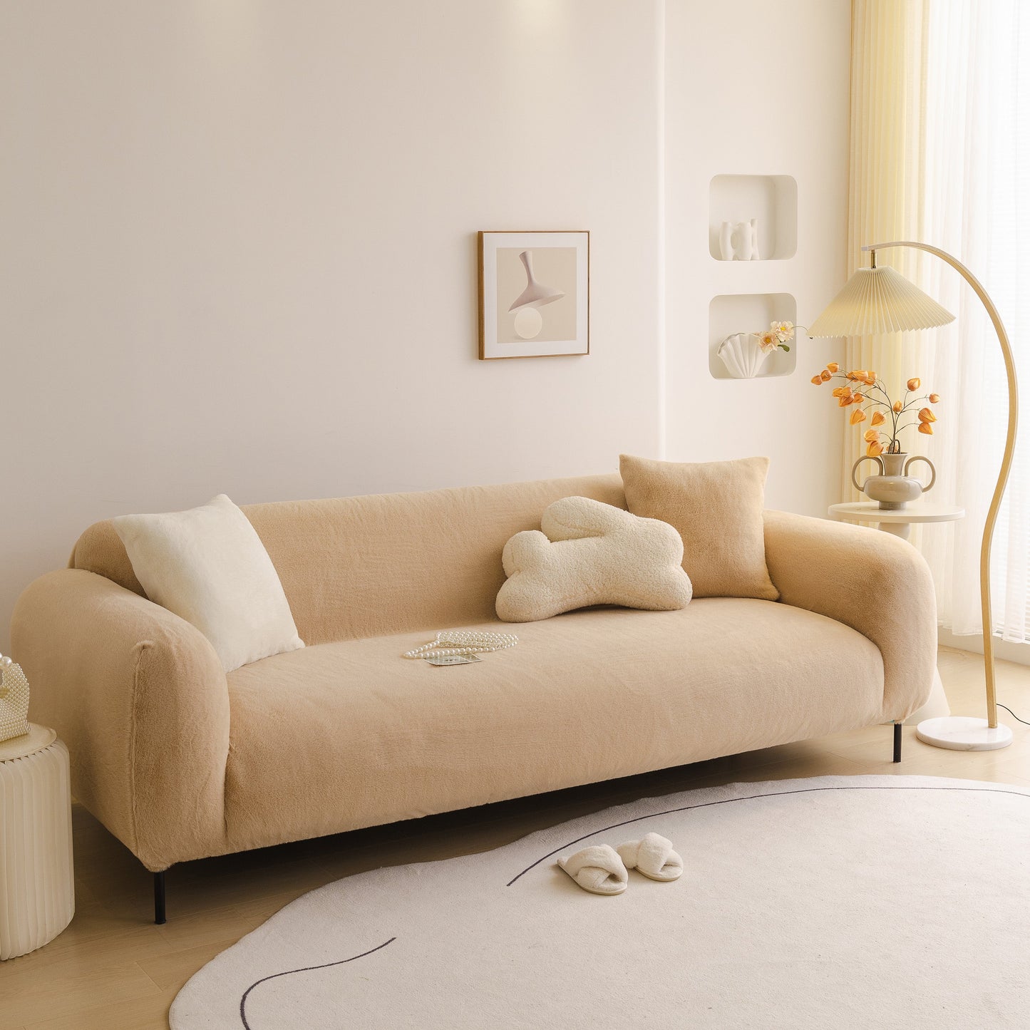 Soft Plush Warm Sofa Cover Stretchable Cozy Velvet Couch Protector for Fall & Winter on a modern beige loveseat
