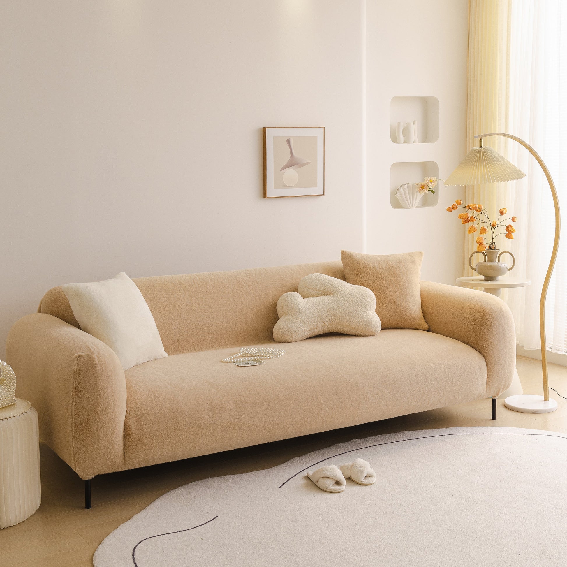 Soft Plush Warm Sofa Cover Stretchable Cozy Velvet Couch Protector for Fall & Winter on a modern beige loveseat