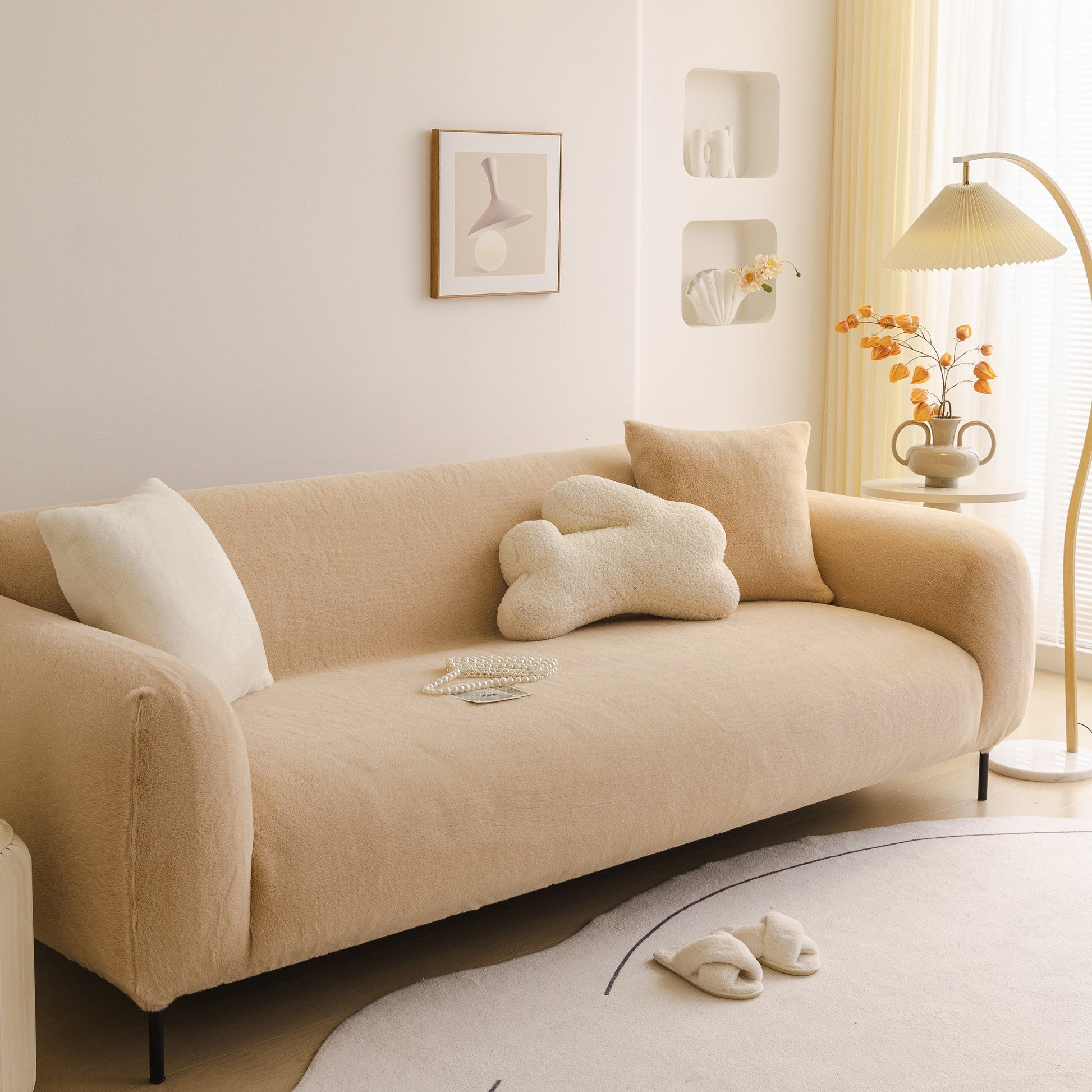 Soft Plush Warm Sofa Cover Stretchable Cozy Velvet Couch Protector for Fall & Winter on a beige couch with modern decor.