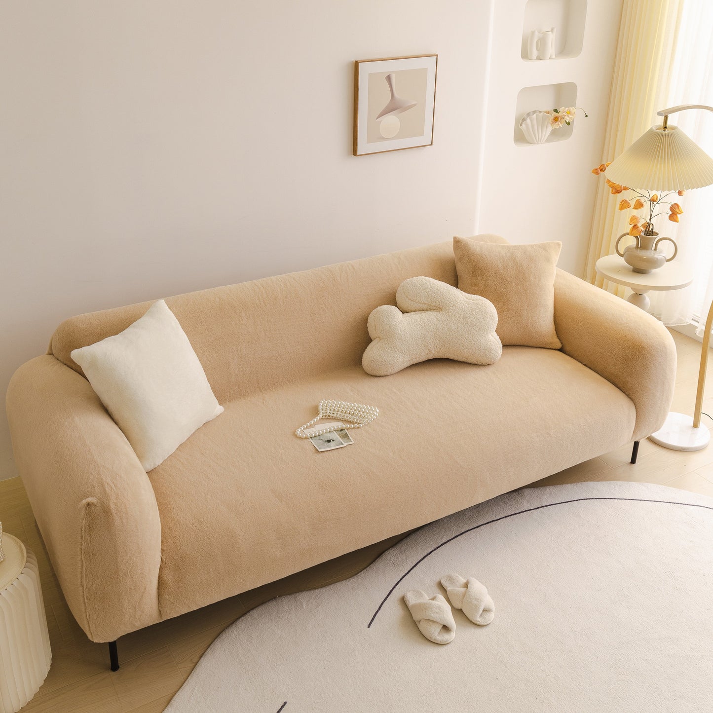 Soft Plush Warm Sofa Cover Stretchable Cozy Velvet Couch Protector for Fall & Winter on a beige couch in a cozy living room