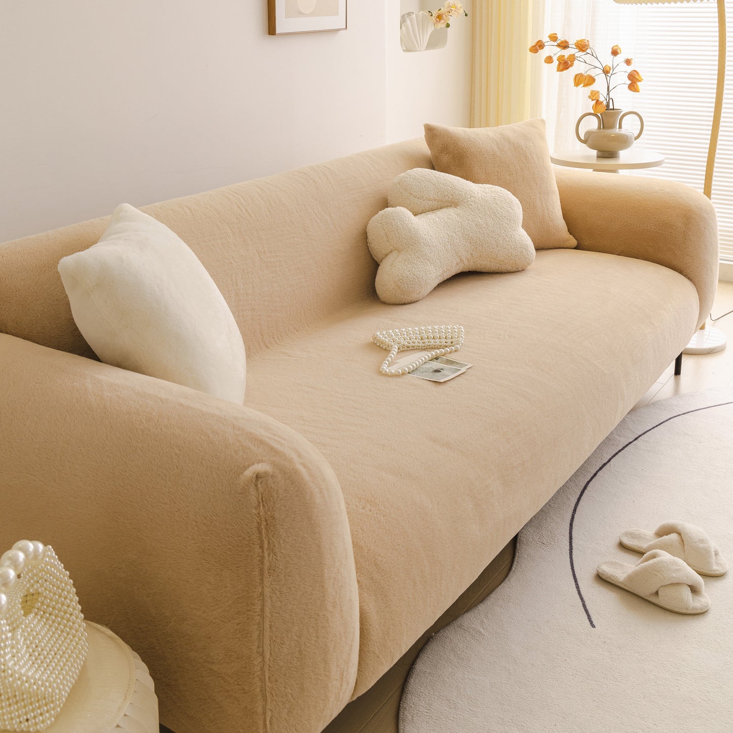 Soft Plush Warm Sofa Cover Stretchable Cozy Velvet Couch Protector for Fall & Winter on a modern living room sofa