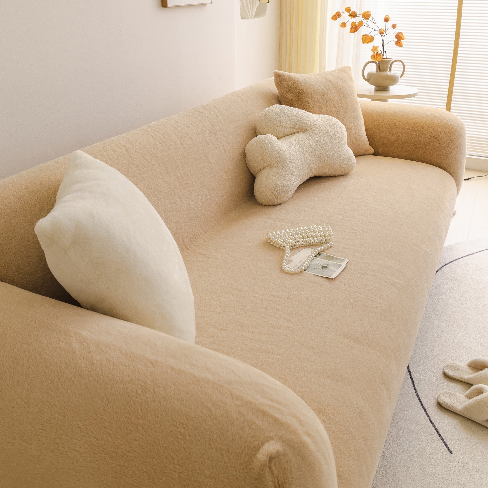 Soft Plush Warm Sofa Cover Stretchable Cozy Velvet Couch Protector for Fall & Winter on beige sofa, pillow and decor