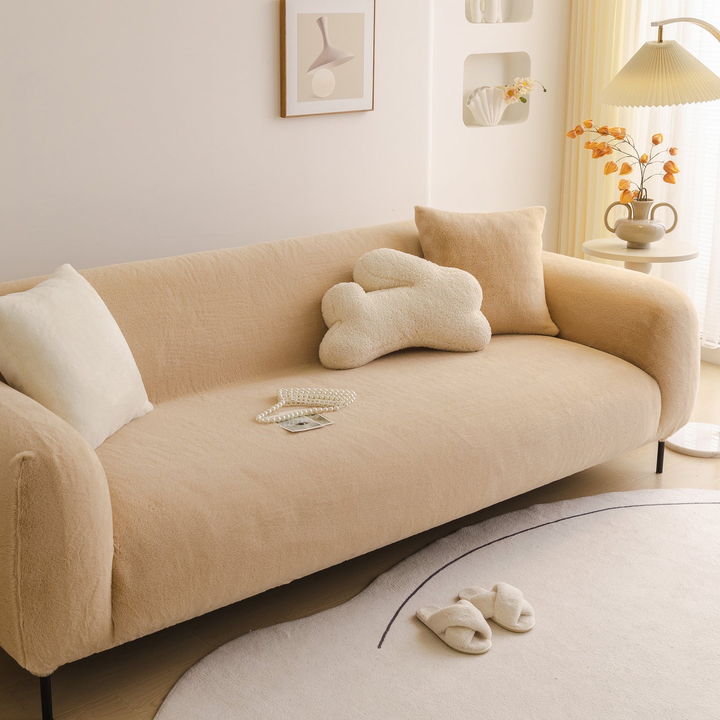 Soft Plush Warm Sofa Cover Stretchable Cozy Velvet Couch Protector for Fall & Winter in beige with pillows and decor