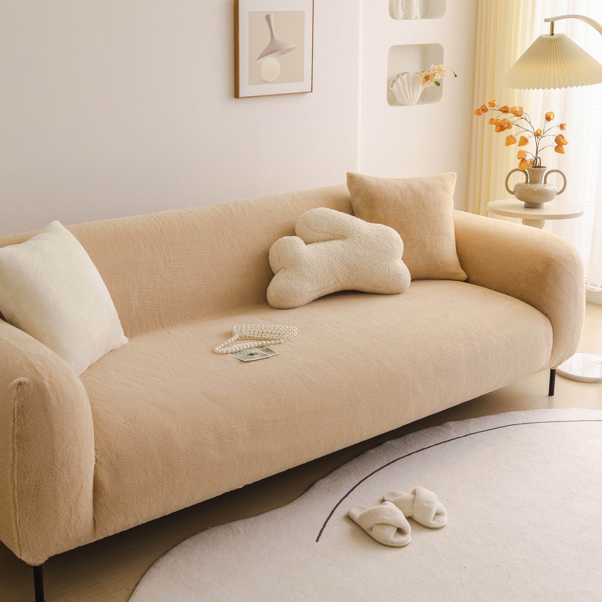 Soft Plush Warm Sofa Cover Stretchable Cozy Velvet Couch Protector for Fall & Winter in beige with pillows and decor