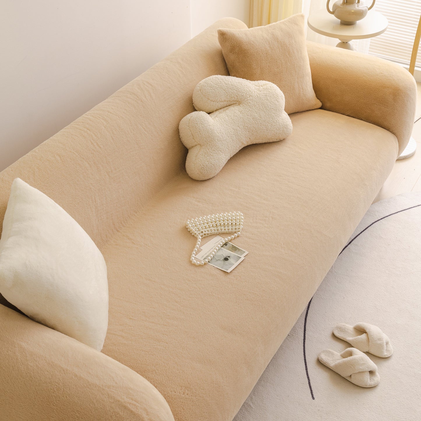 Soft Plush Warm Sofa Cover Stretchable Cozy Velvet Couch Protector for Fall & Winter on beige couch