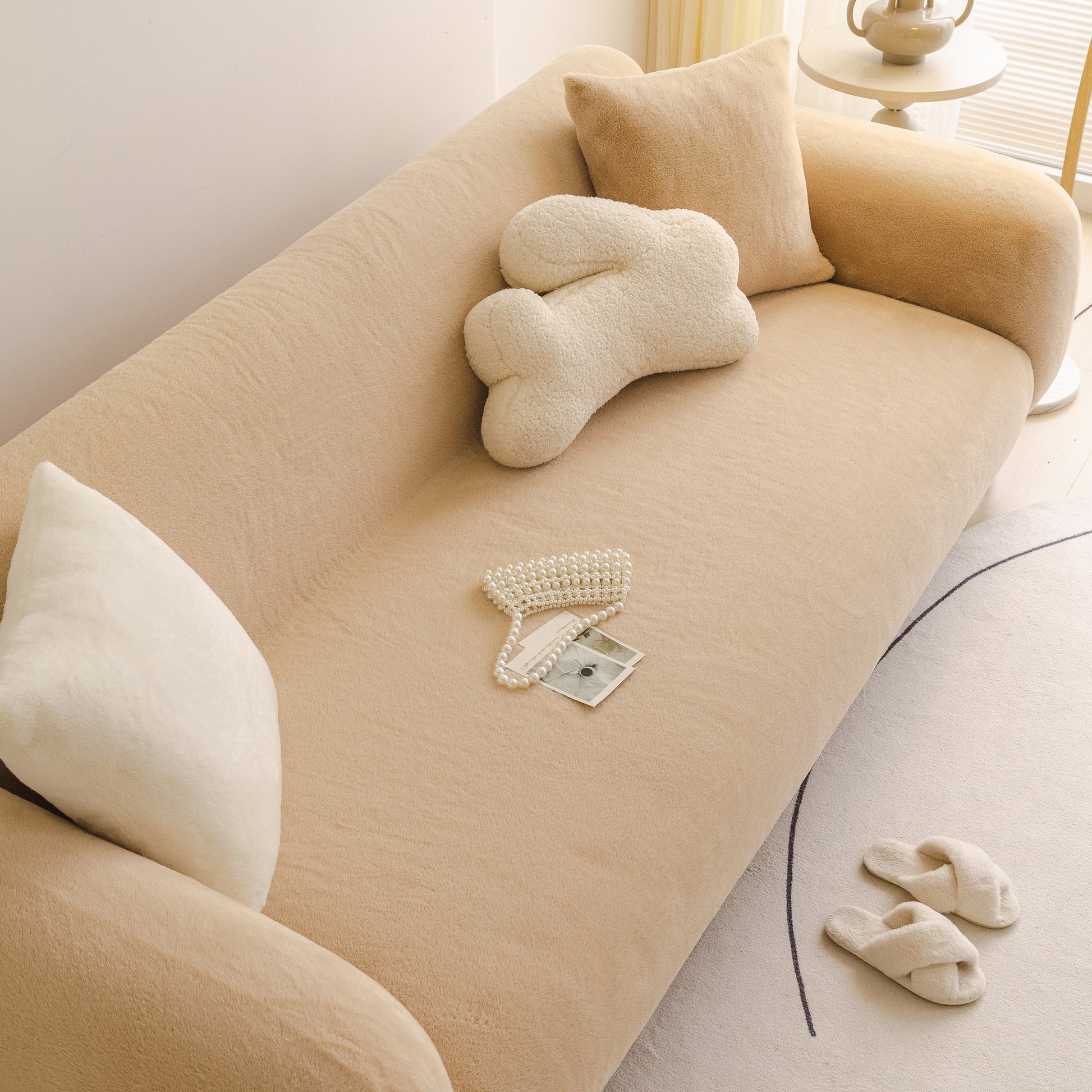 Soft Plush Warm Sofa Cover Stretchable Cozy Velvet Couch Protector for Fall & Winter on beige couch