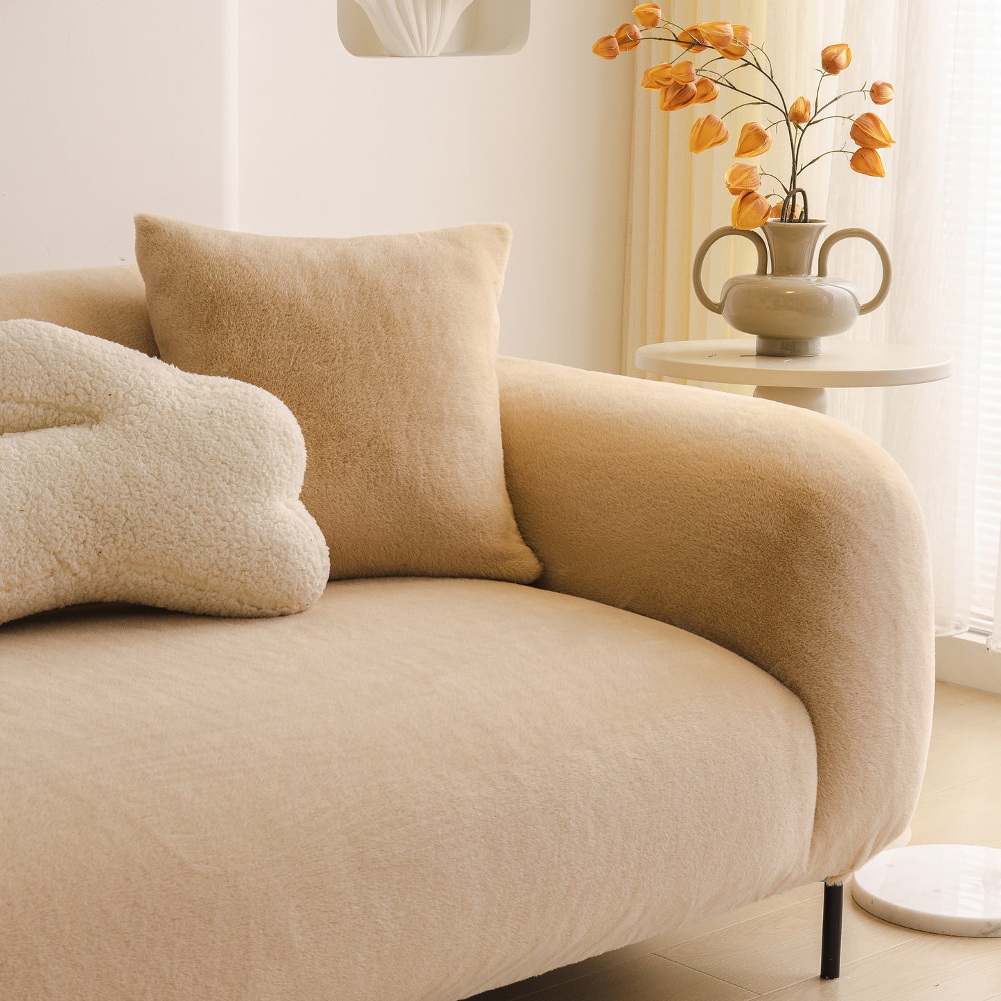 Soft Plush Warm Sofa Cover Stretchable Cozy Velvet Couch Protector for Fall & Winter on modern beige sofa.