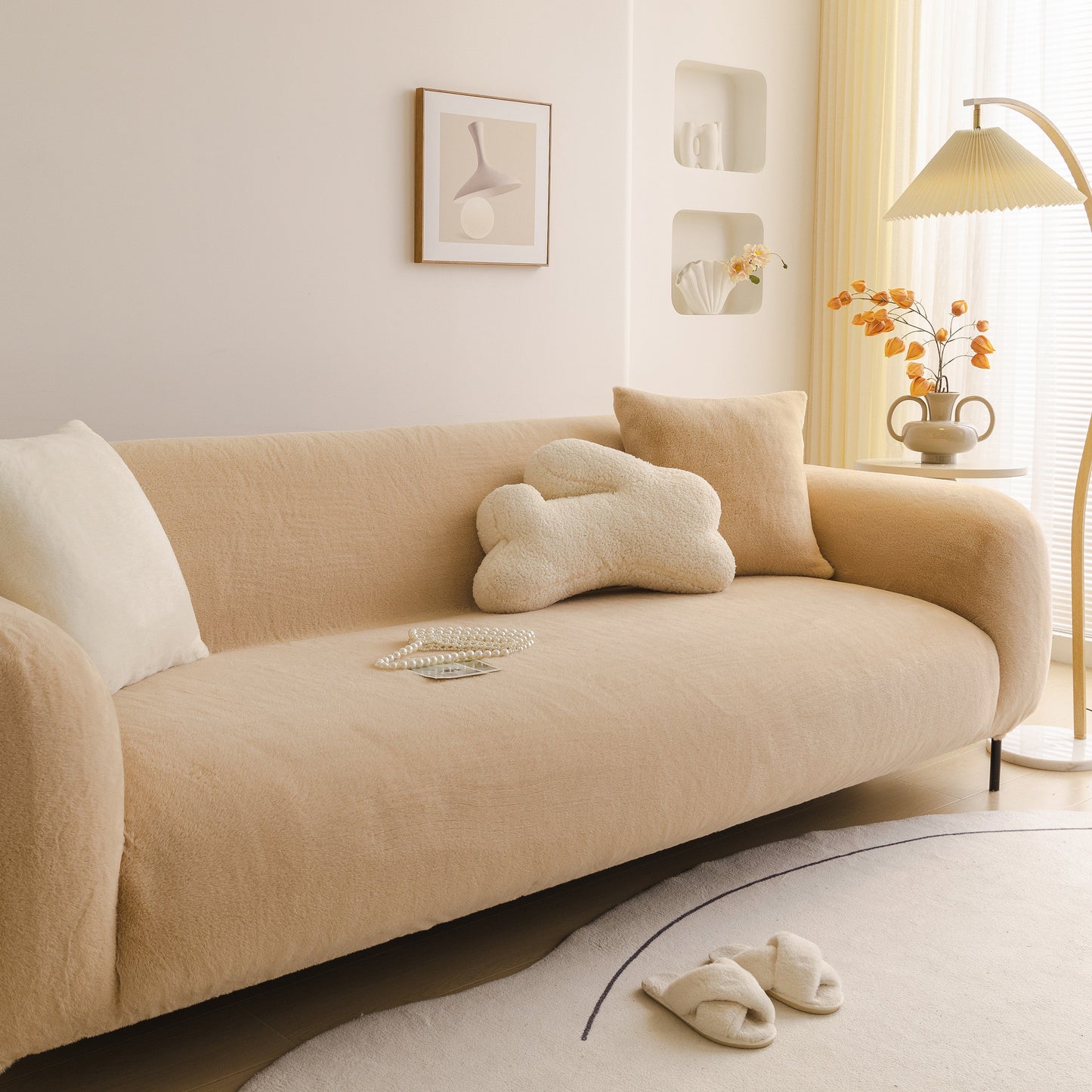 Soft Plush Warm Sofa Cover Stretchable Cozy Velvet Couch Protector for Fall & Winter on modern beige sofa with decor pillows