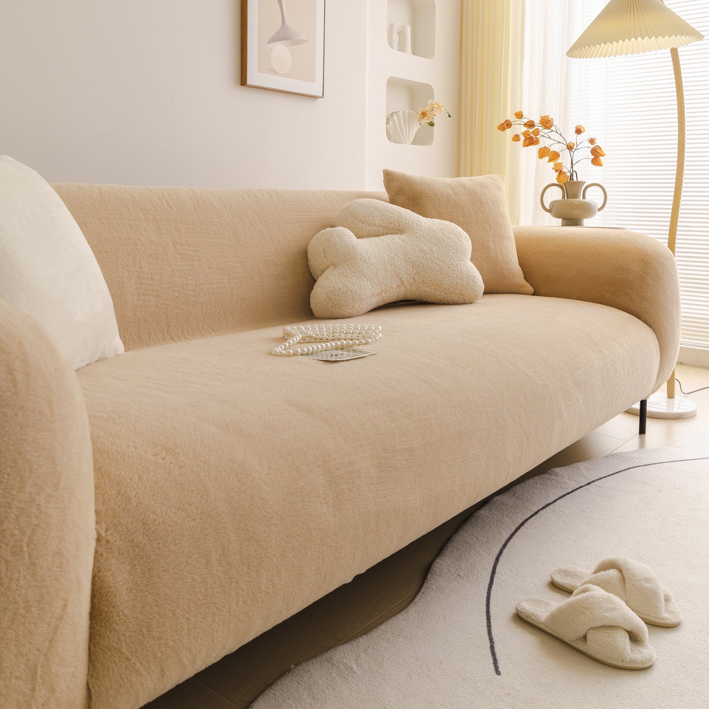Soft Plush Warm Sofa Cover Stretchable Cozy Velvet Couch Protector for Fall & Winter on beige modern sofa