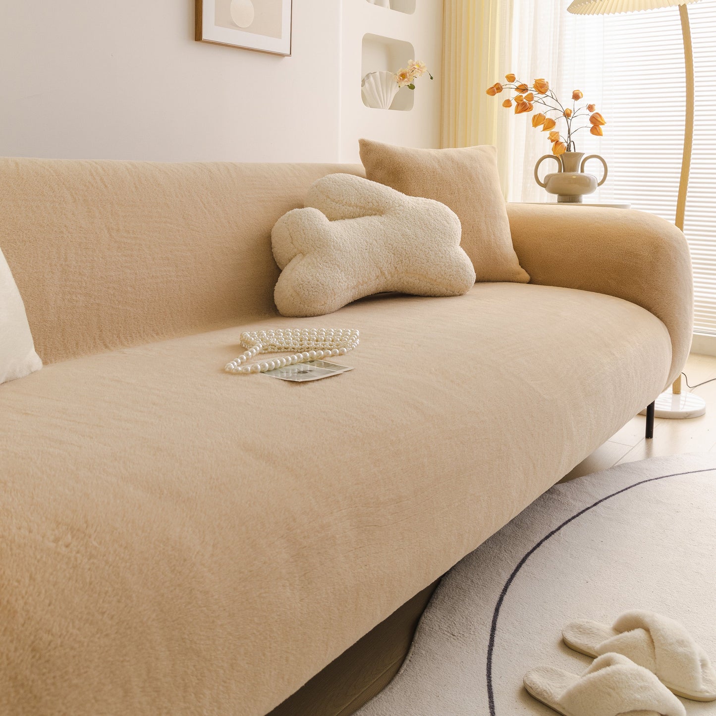 Soft Plush Warm Sofa Cover Stretchable Cozy Velvet Couch Protector for Fall & Winter on living room sofa