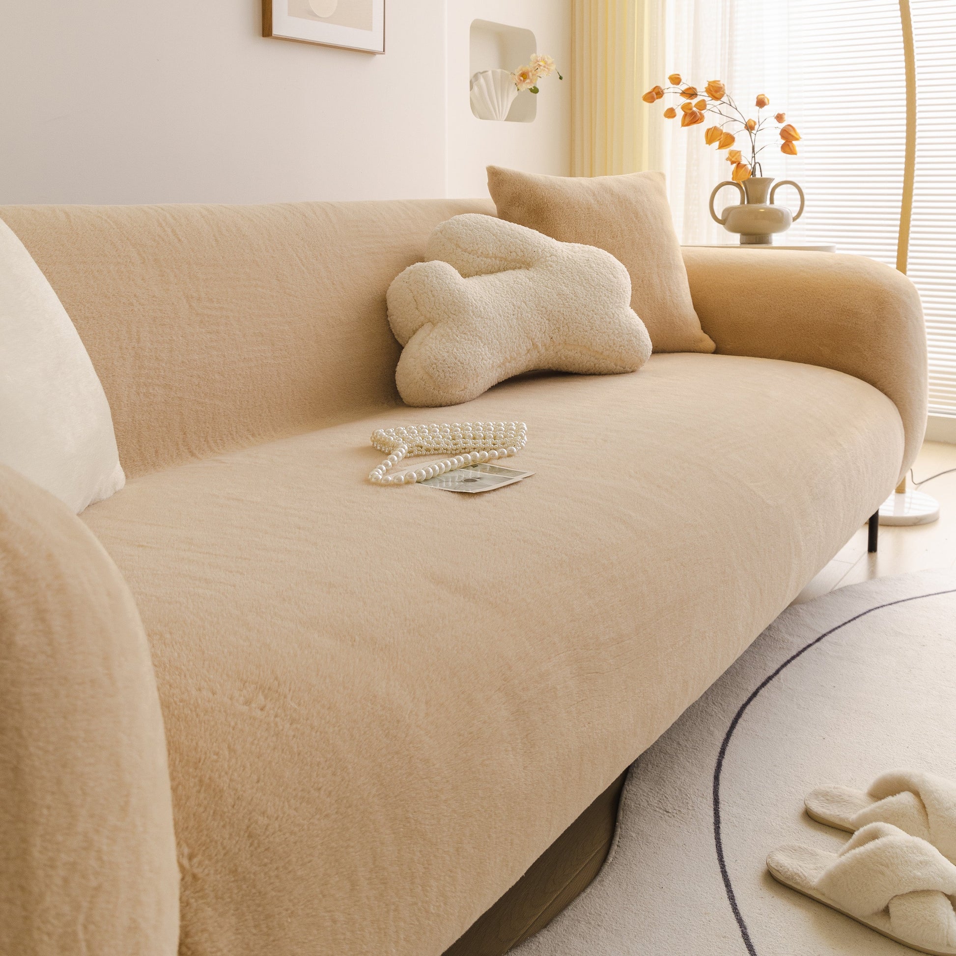 Soft Plush Warm Sofa Cover Stretchable Cozy Velvet Couch Protector for Fall & Winter on stylish beige sofa