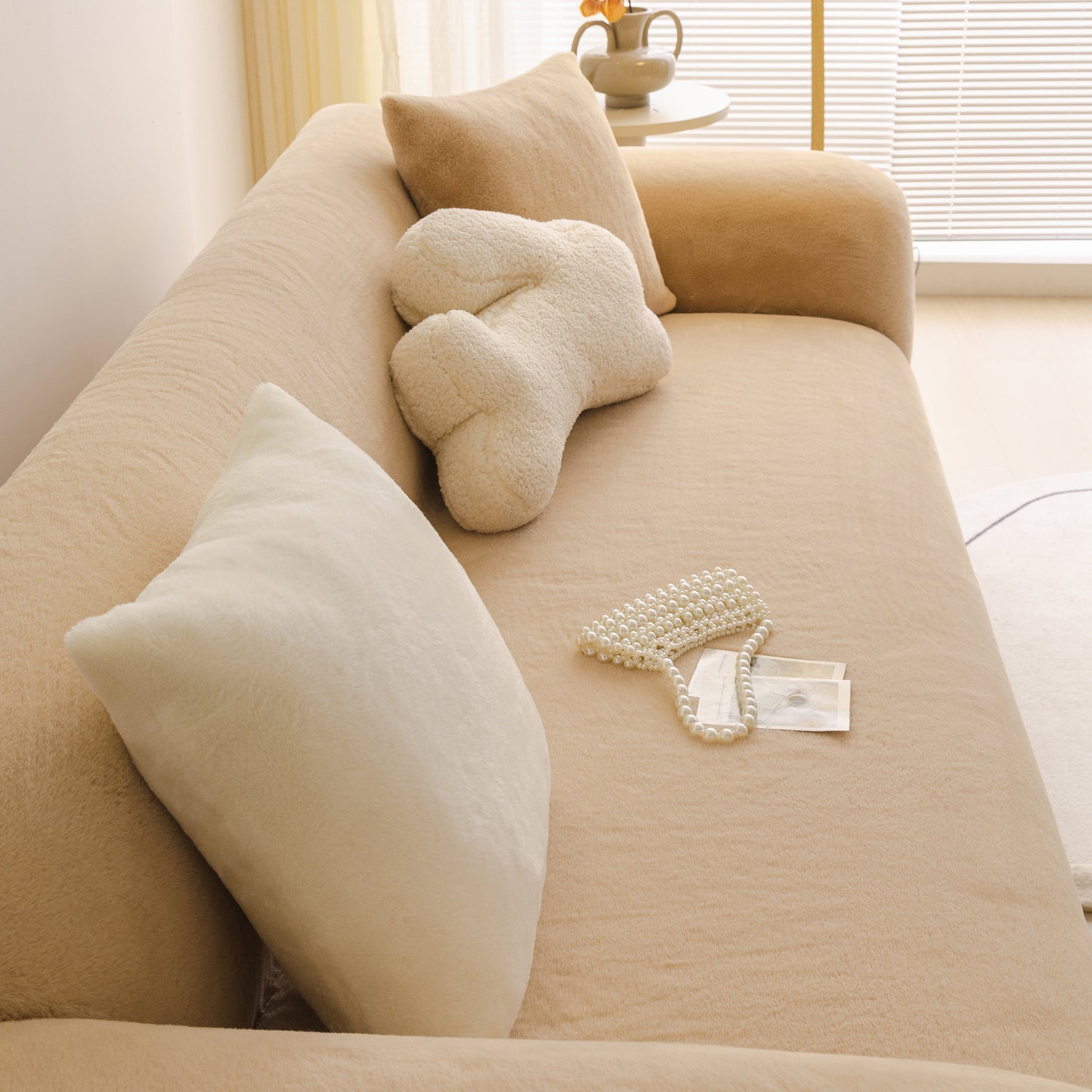 Soft Plush Warm Sofa Cover Stretchable Cozy Velvet Couch Protector for Fall & Winter in a living room setting.