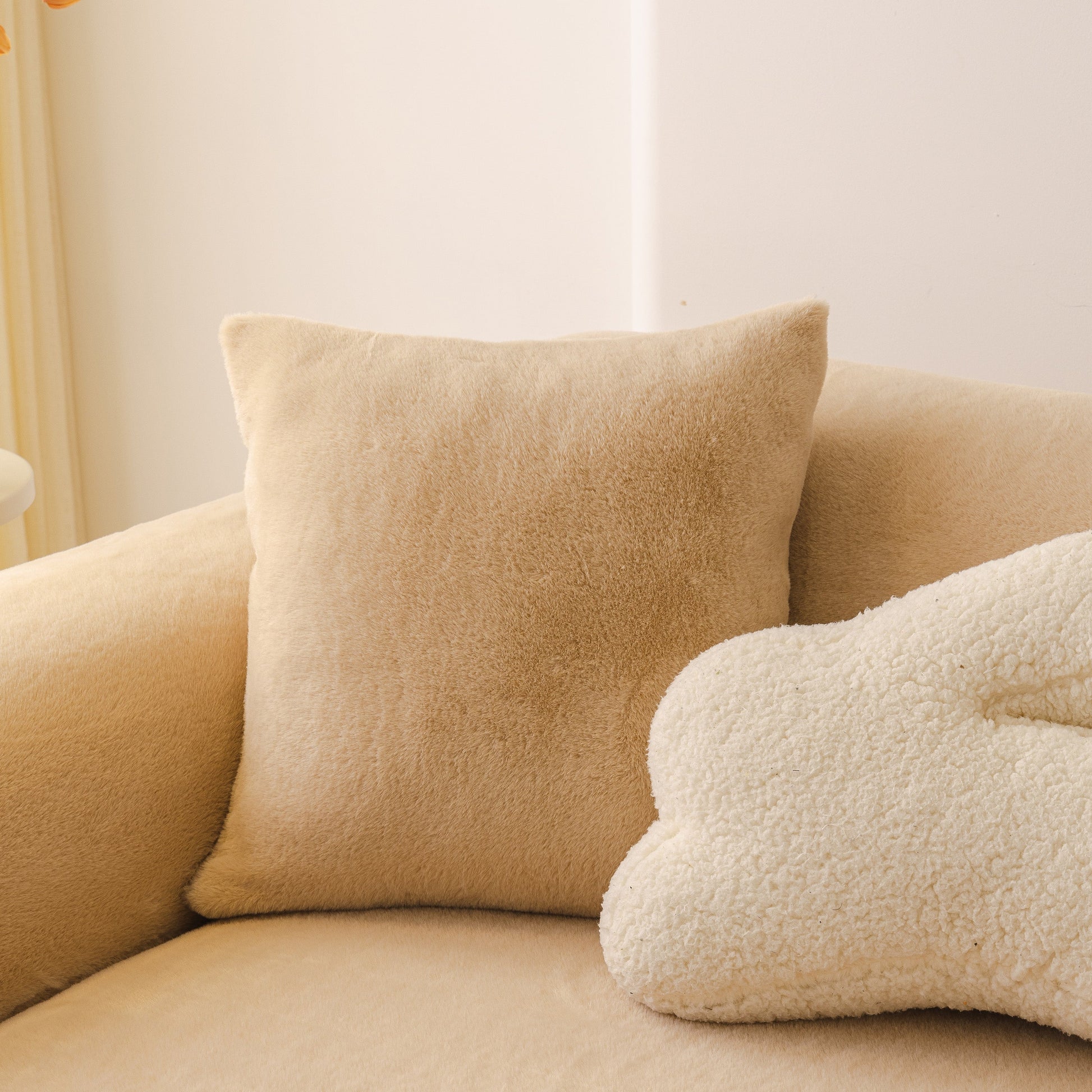 Soft Plush Warm Sofa Cover Stretchable Cozy Velvet Couch Protector for Fall & Winter on beige sofa with pillows.