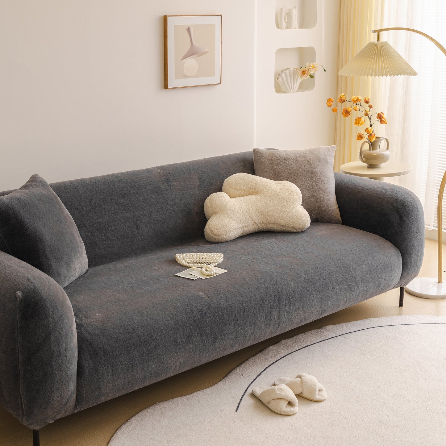 Soft Plush Warm Sofa Cover Stretchable Cozy Velvet Couch Protector for Fall & Winter on a modern sofa