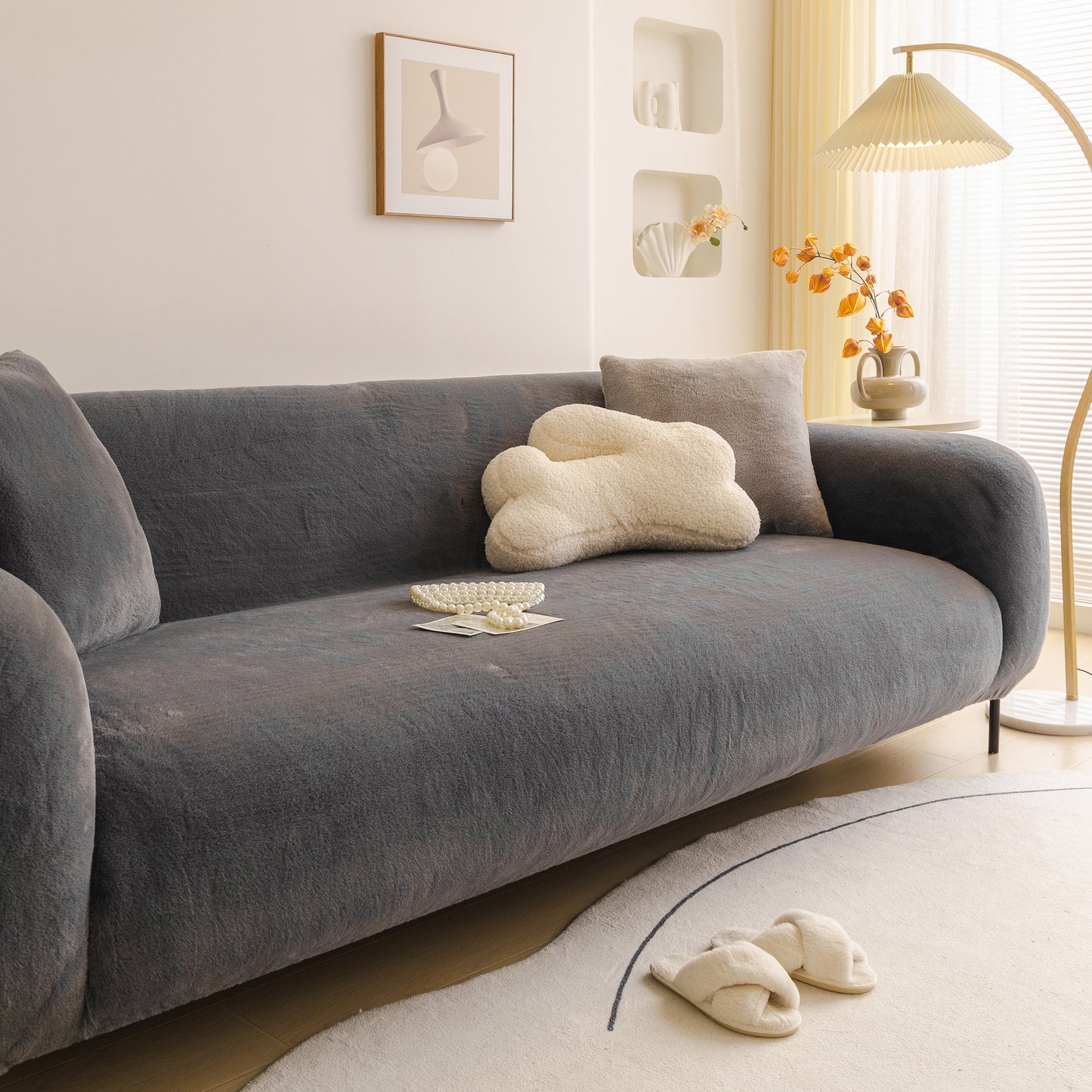 Soft Plush Warm Sofa Cover Stretchable Cozy Velvet Couch Protector for Fall & Winter on a stylish sofa with pillows