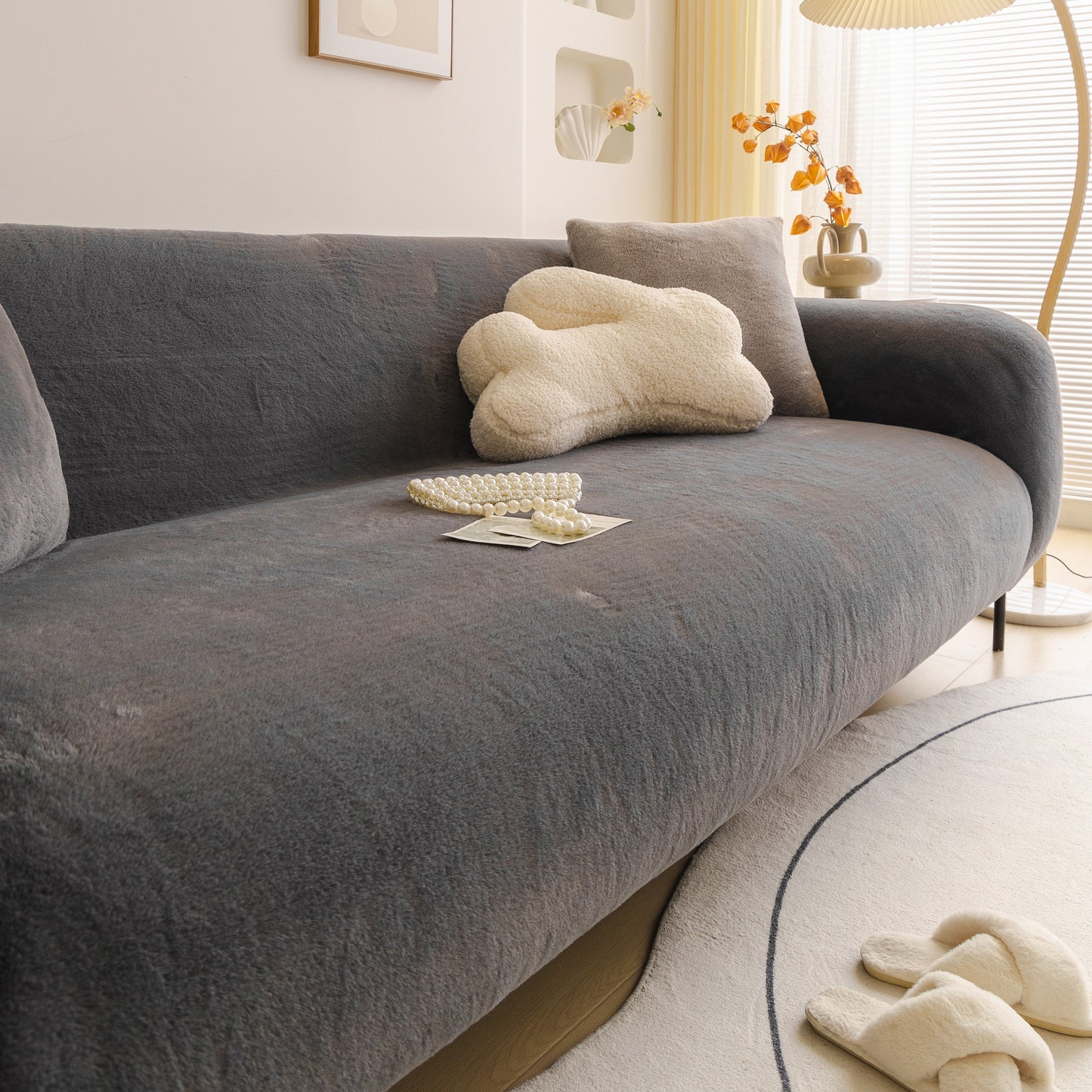 Soft Plush Warm Sofa Cover Stretchable Cozy Velvet Couch Protector for Fall & Winter on a modern sofa with cushions