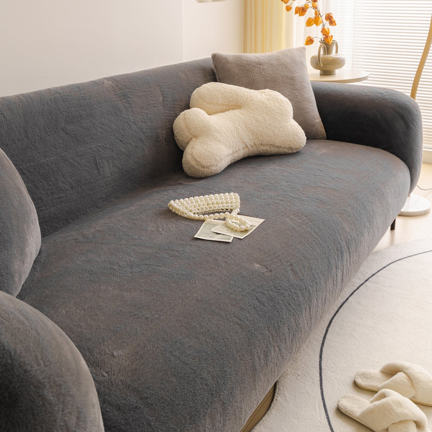Soft Plush Warm Sofa Cover Stretchable Cozy Velvet Couch Protector for Fall & Winter on a modern sofa with cushions