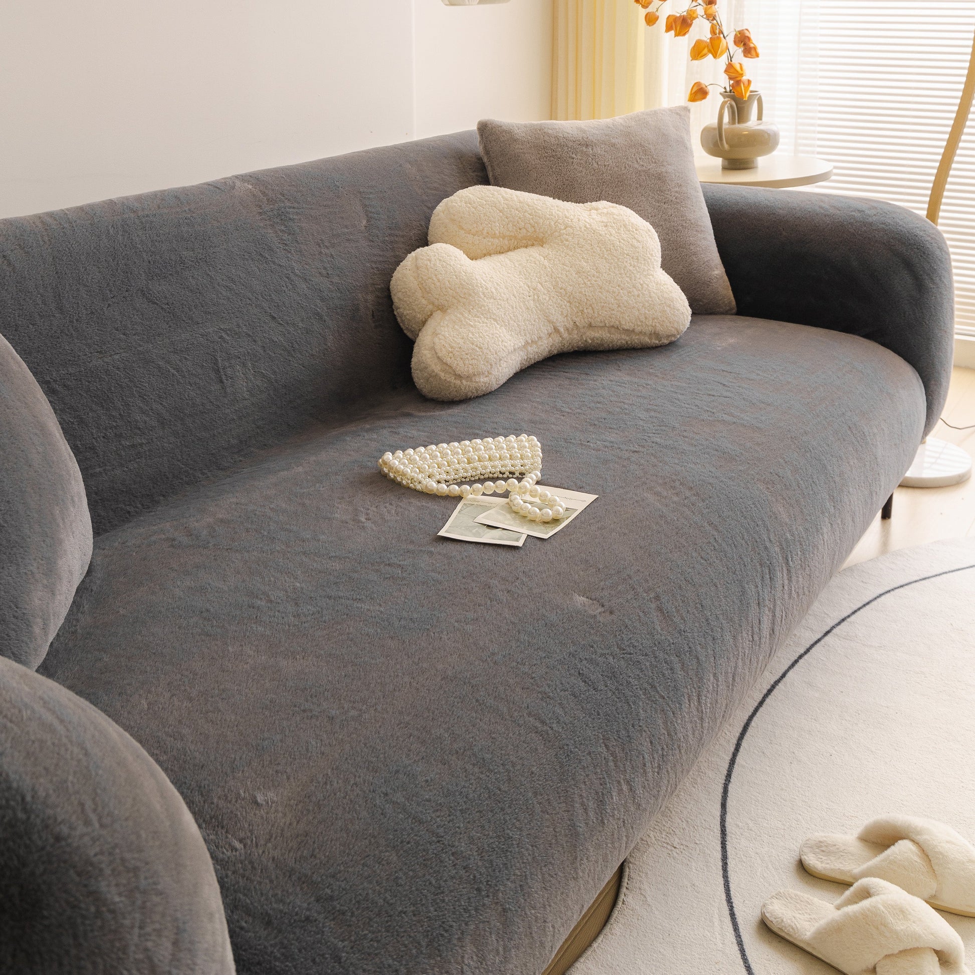 Soft Plush Warm Sofa Cover Stretchable Cozy Velvet Couch Protector for Fall & Winter on a modern sofa with cushions