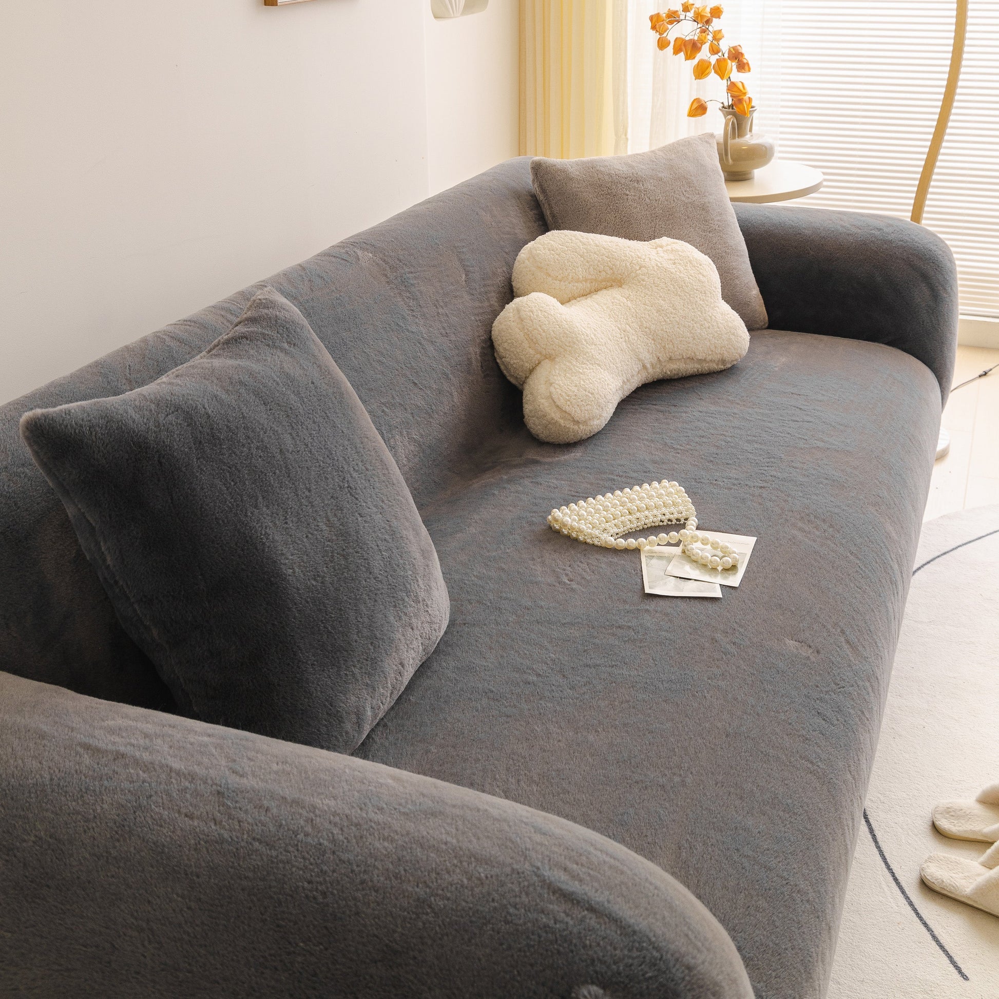Soft Plush Warm Sofa Cover Stretchable Cozy Velvet Couch Protector for Fall & Winter on modern sofa with pillow and decor
