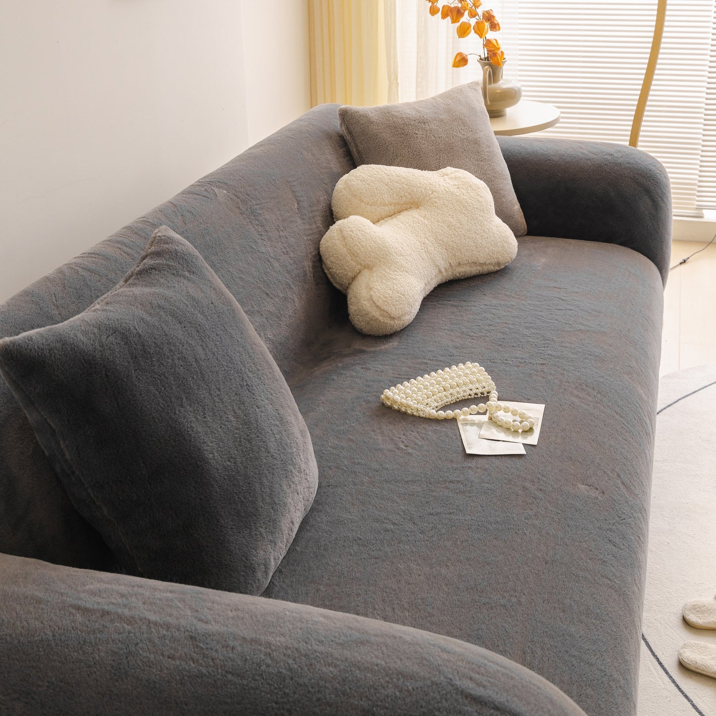 Soft Plush Warm Sofa Cover Stretchable Cozy Velvet Couch Protector for Fall & Winter on a living room sofa