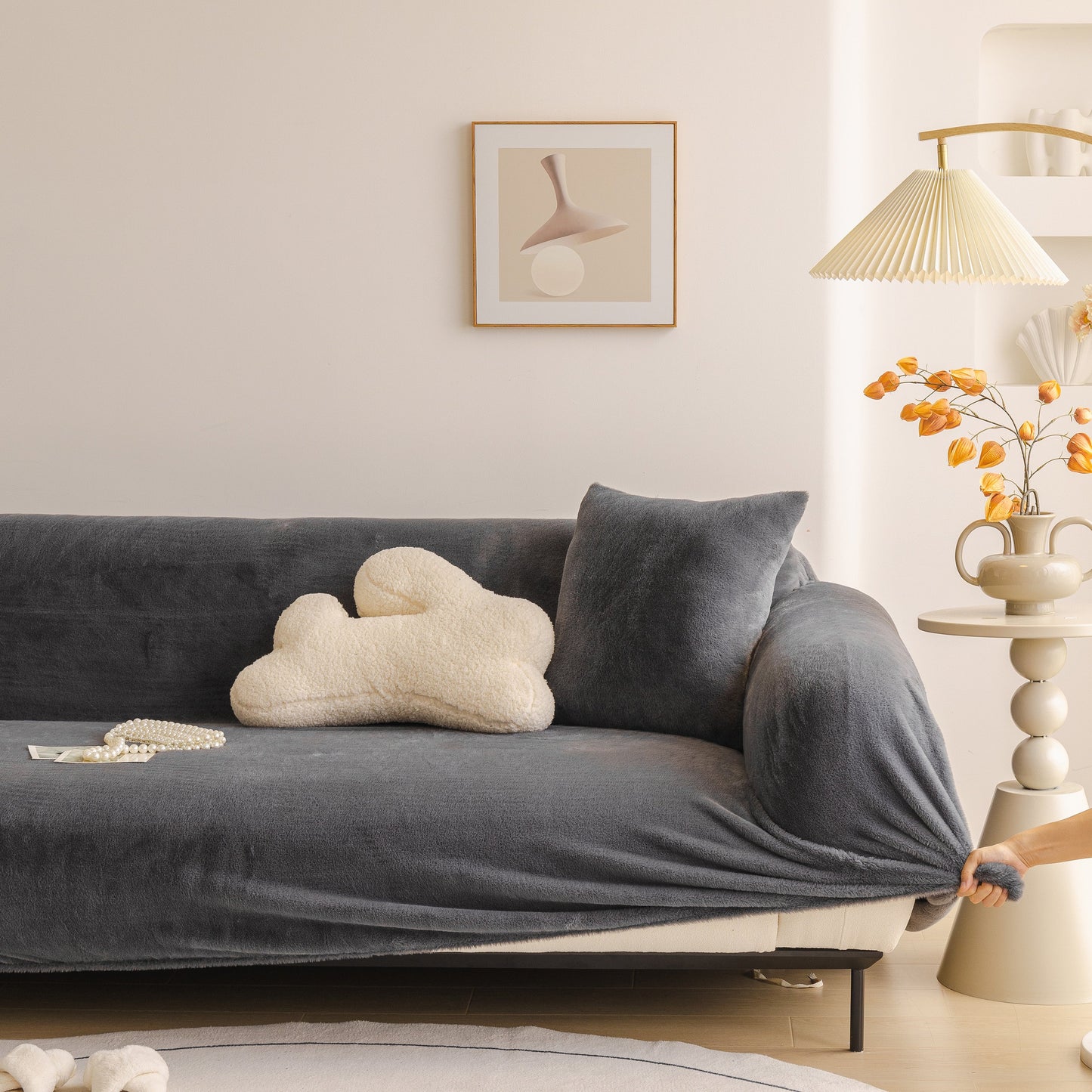 Soft Plush Warm Sofa Cover Stretchable Cozy Velvet Couch Protector for Fall & Winter in a modern living room setup