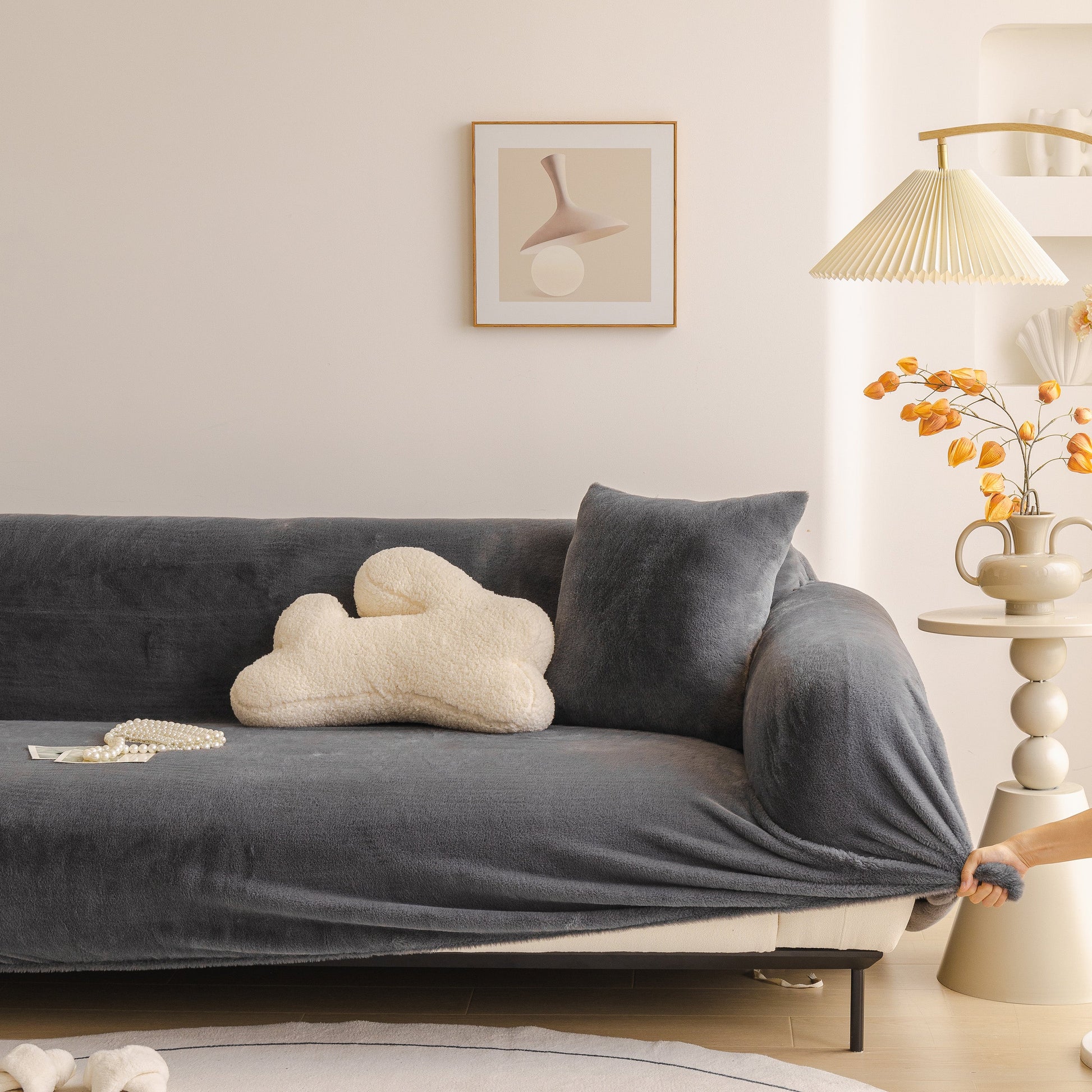 Soft Plush Warm Sofa Cover Stretchable Cozy Velvet Couch Protector for Fall & Winter in a modern living room setup