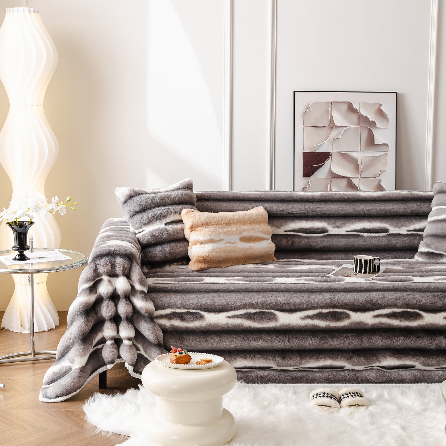 Ultra Soft Faux Fur Couch Cover – Large, Fluffy, and Elegant Sofa Throw Blanket draped over a modern sofa in a stylish living room.