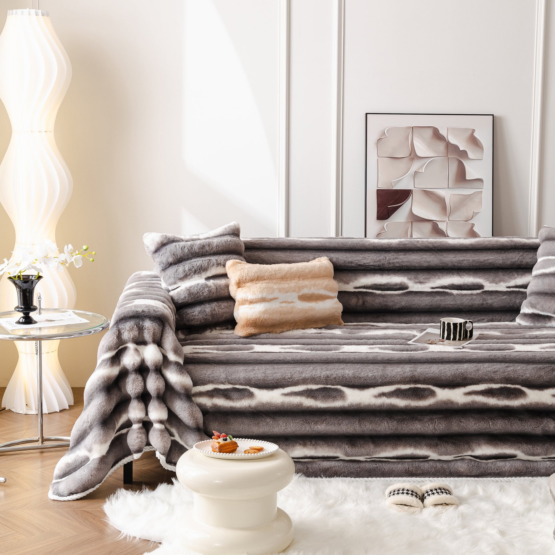 Ultra Soft Faux Fur Couch Cover – Large, Fluffy, and Elegant Sofa Throw Blanket draped over a modern sofa in a stylish living room.