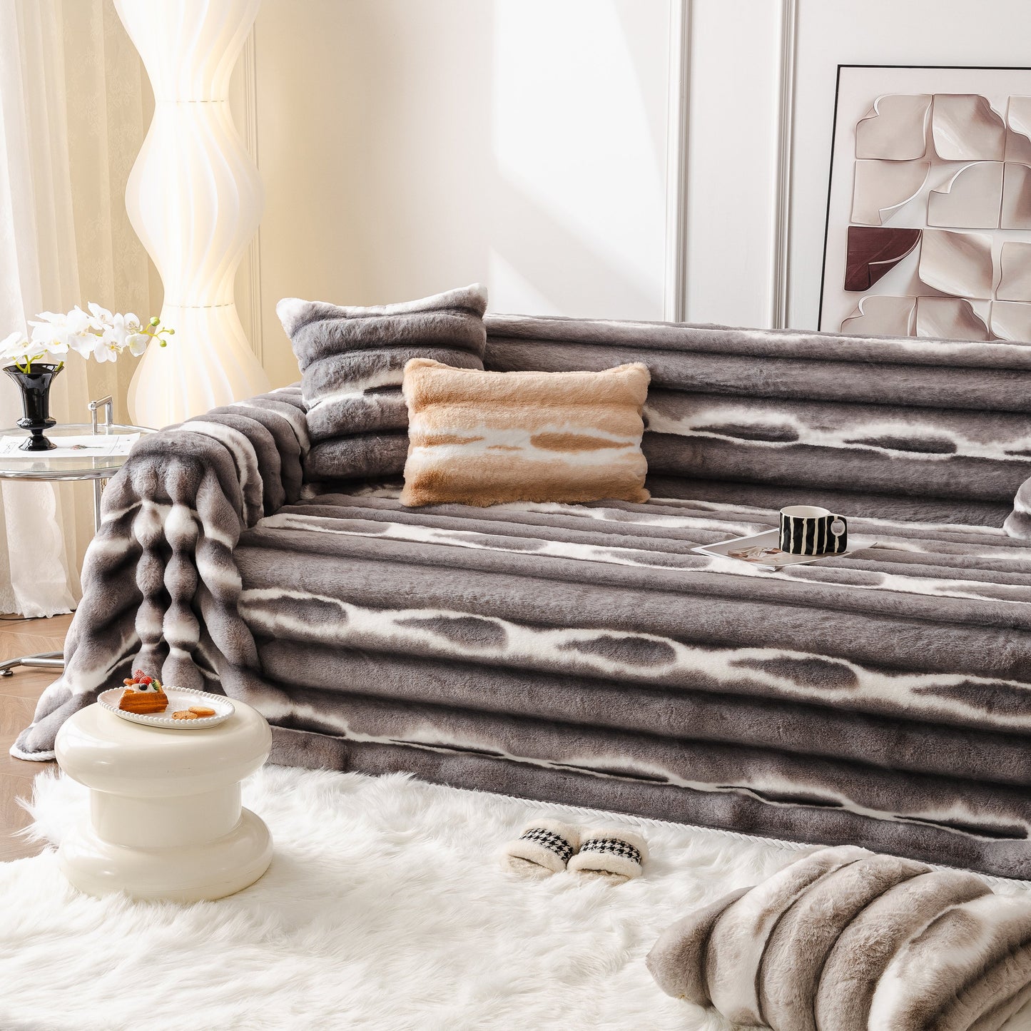 Ultra Soft Faux Fur Couch Cover – Large, Fluffy, and Elegant Sofa Throw Blanket enhancing a stylish living room setting.