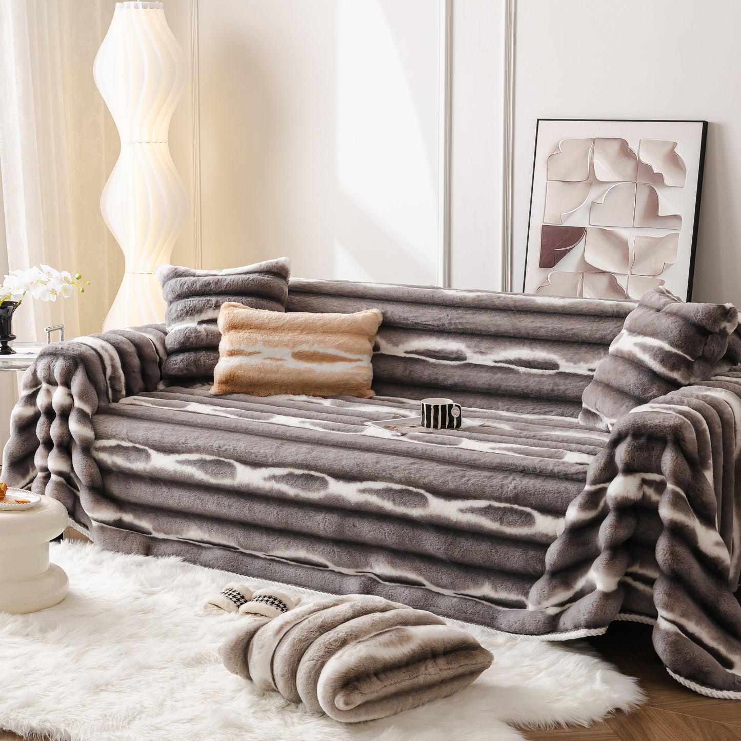 Ultra Soft Faux Fur Couch Cover – Large, Fluffy, and Elegant Sofa Throw Blanket in living room setting