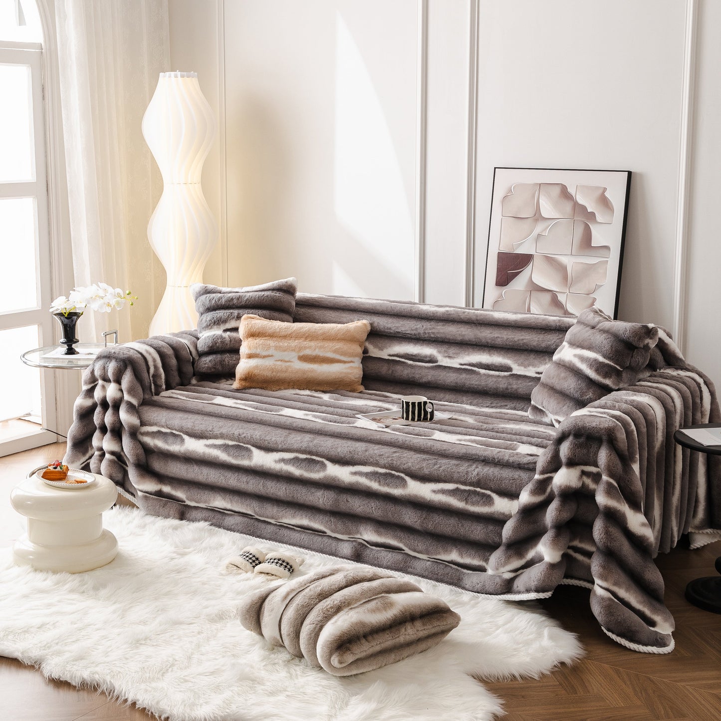 Living room with Ultra Soft Faux Fur Couch Cover – Large, Fluffy, and Elegant Sofa Throw Blanket on a grey sofa.