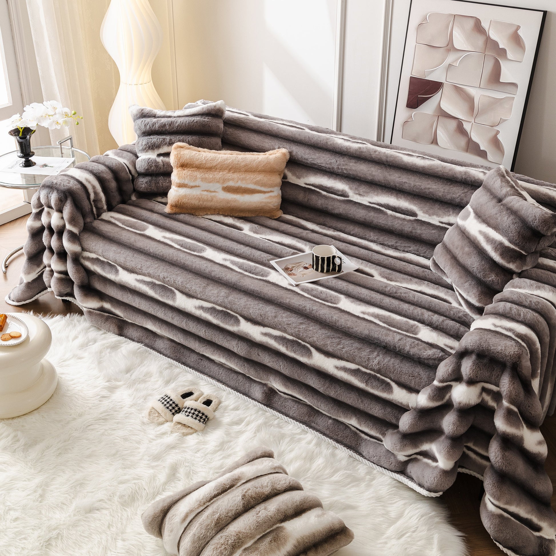 Ultra Soft Faux Fur Couch Cover – Large, Fluffy, and Elegant Sofa Throw Blanket on stylish couch