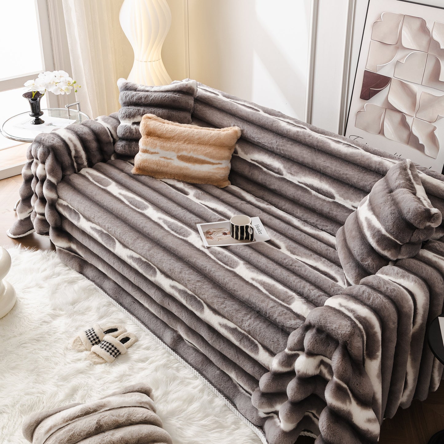 Ultra Soft Faux Fur Couch Cover – Large, Fluffy, and Elegant Sofa Throw Blanket draped over modern sofa in stylish living room.
