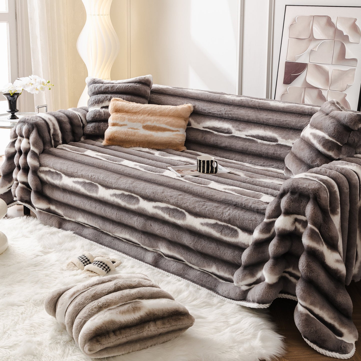 Ultra Soft Faux Fur Couch Cover – Large, Fluffy, and Elegant Sofa Throw Blanket on a modern living room couch