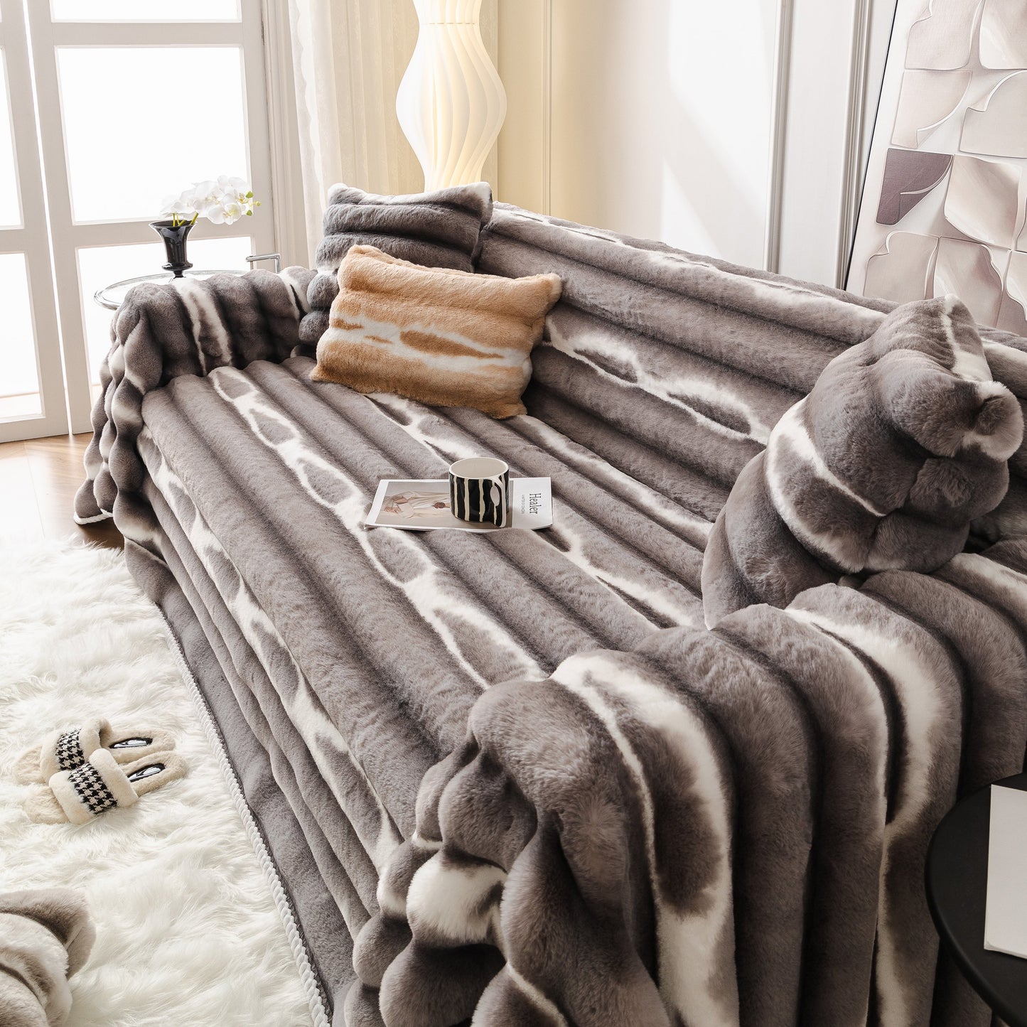Ultra Soft Faux Fur Couch Cover – Large, Fluffy, and Elegant Sofa Throw Blanket in stylish living room setting.