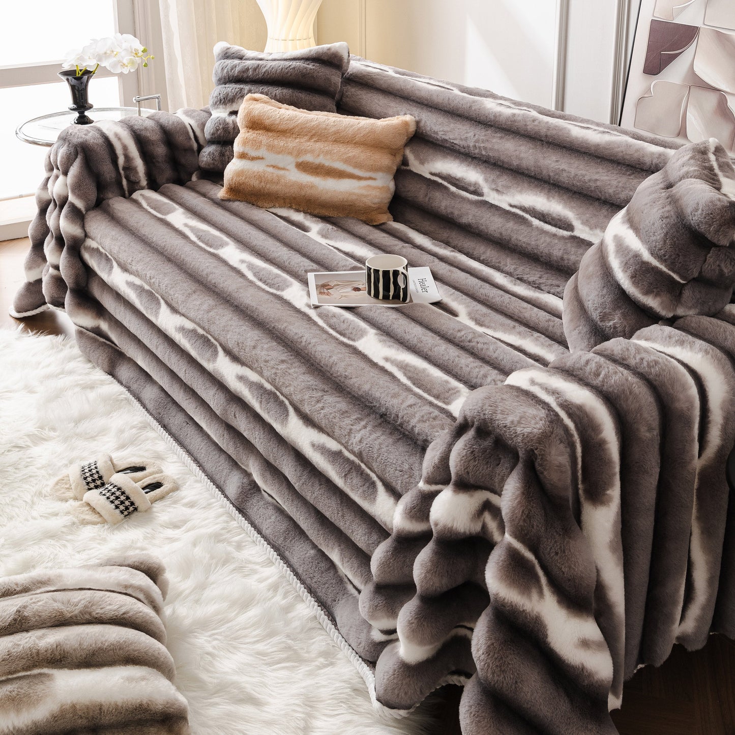 Ultra Soft Faux Fur Couch Cover – Large, Fluffy, and Elegant Sofa Throw Blanket on a stylish modern sofa