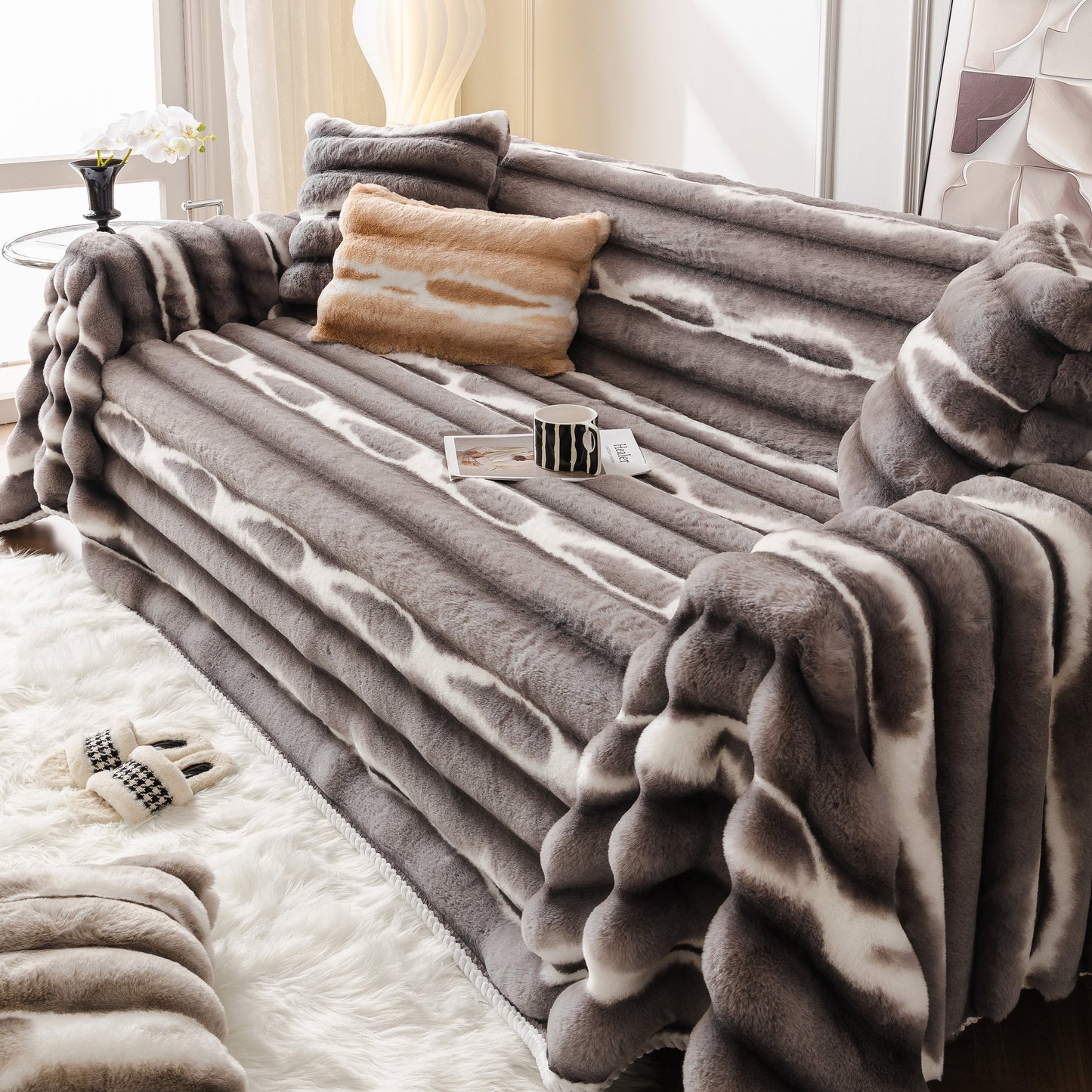 Luxurious gray Ultra Soft Faux Fur Couch Cover – Large, Fluffy, and Elegant Sofa Throw Blanket on stylish sofa