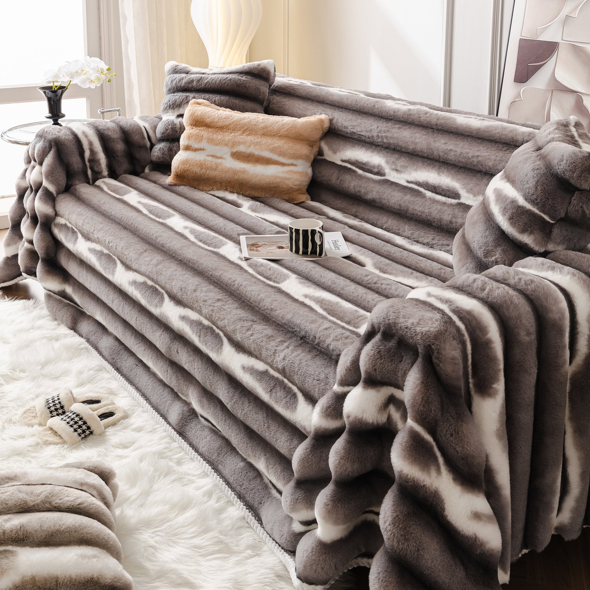 Luxurious gray Ultra Soft Faux Fur Couch Cover – Large, Fluffy, and Elegant Sofa Throw Blanket on stylish sofa