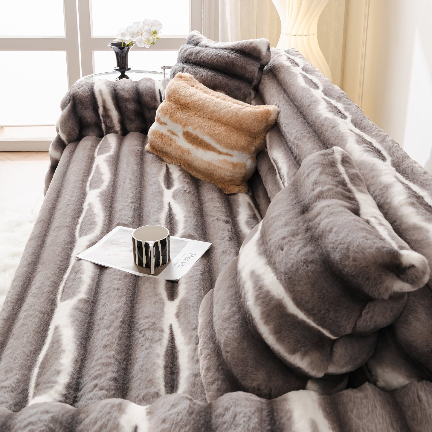 Ultra Soft Faux Fur Couch Cover – Large, Fluffy, and Elegant Sofa Throw Blanket in a stylish living room setting.