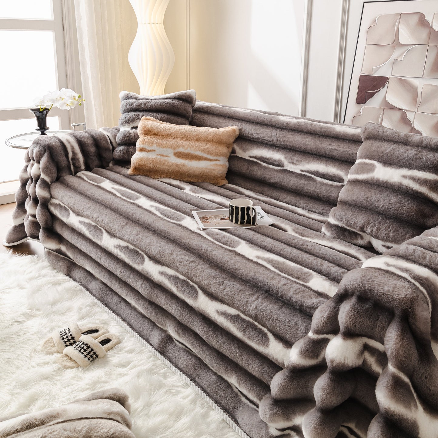 Ultra Soft Faux Fur Couch Cover – Large, Fluffy, and Elegant Sofa Throw Blanket in a modern living room setting
